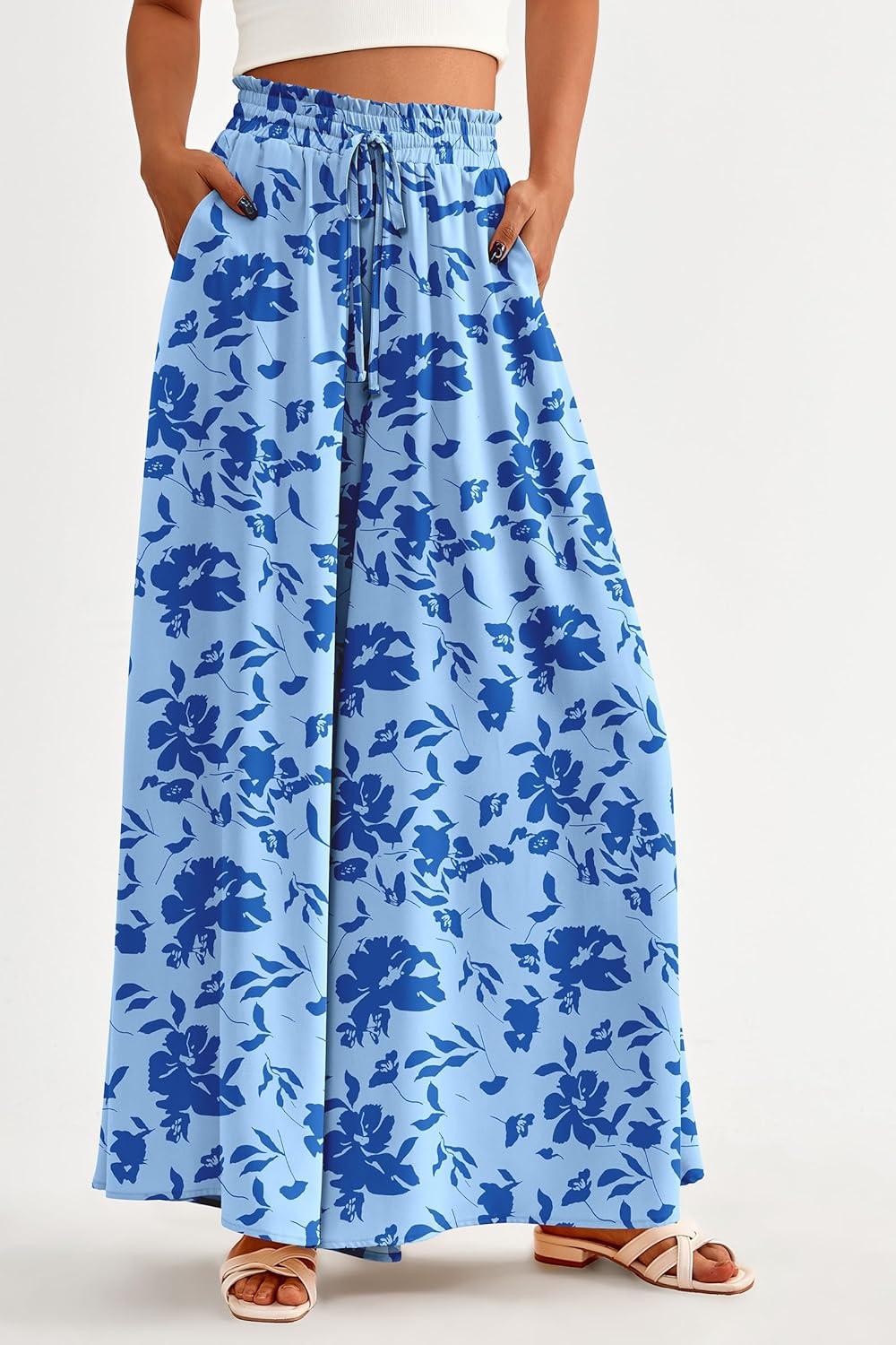 imagePRETTYGARDEN Womens 2026 Summer Wide Leg Palazzo Pants High Waisted Flowy Pockets Trendy Casual Lounge Boho Beach TrousersPrint Blue