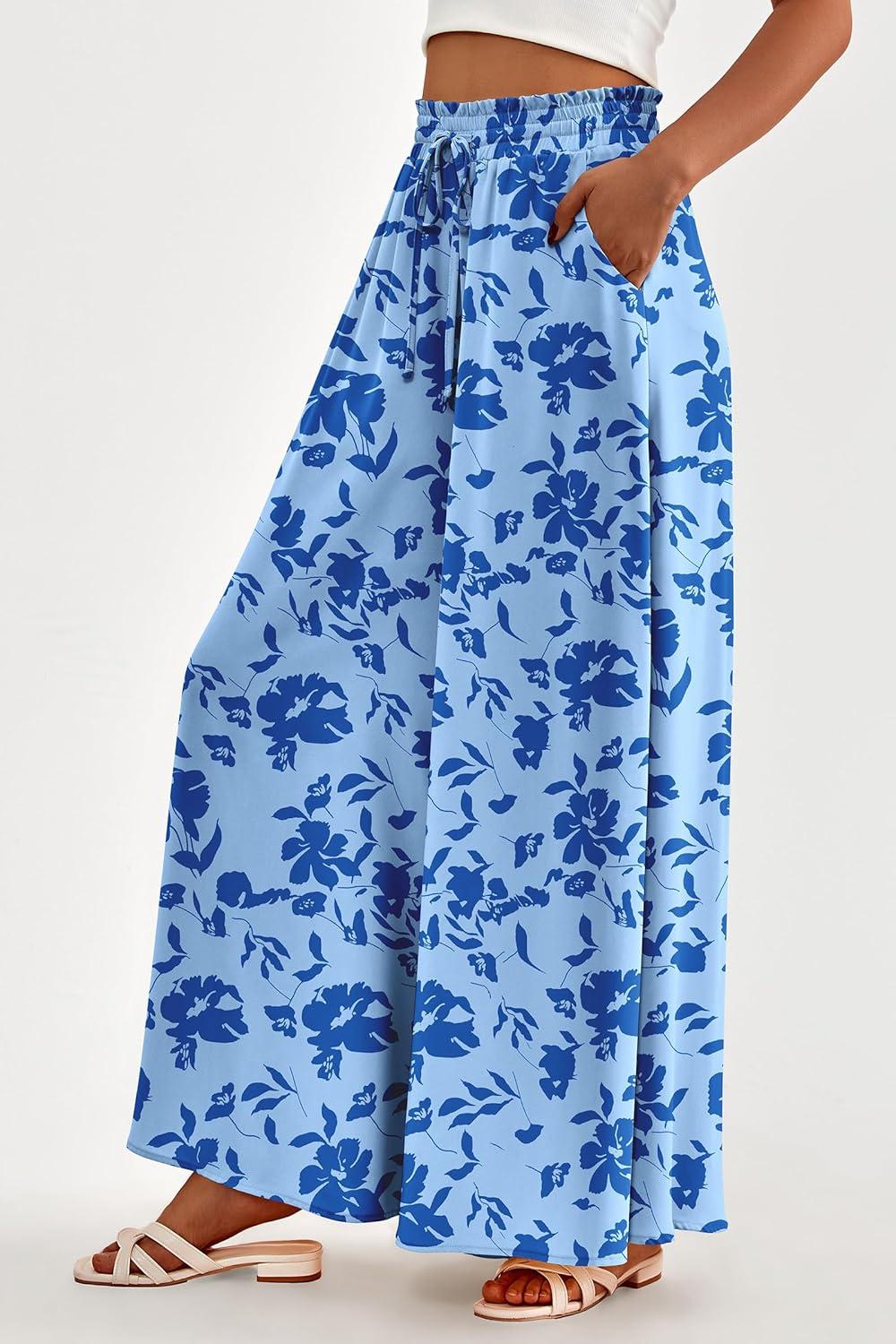 imagePRETTYGARDEN Womens 2026 Summer Wide Leg Palazzo Pants High Waisted Flowy Pockets Trendy Casual Lounge Boho Beach TrousersPrint Blue