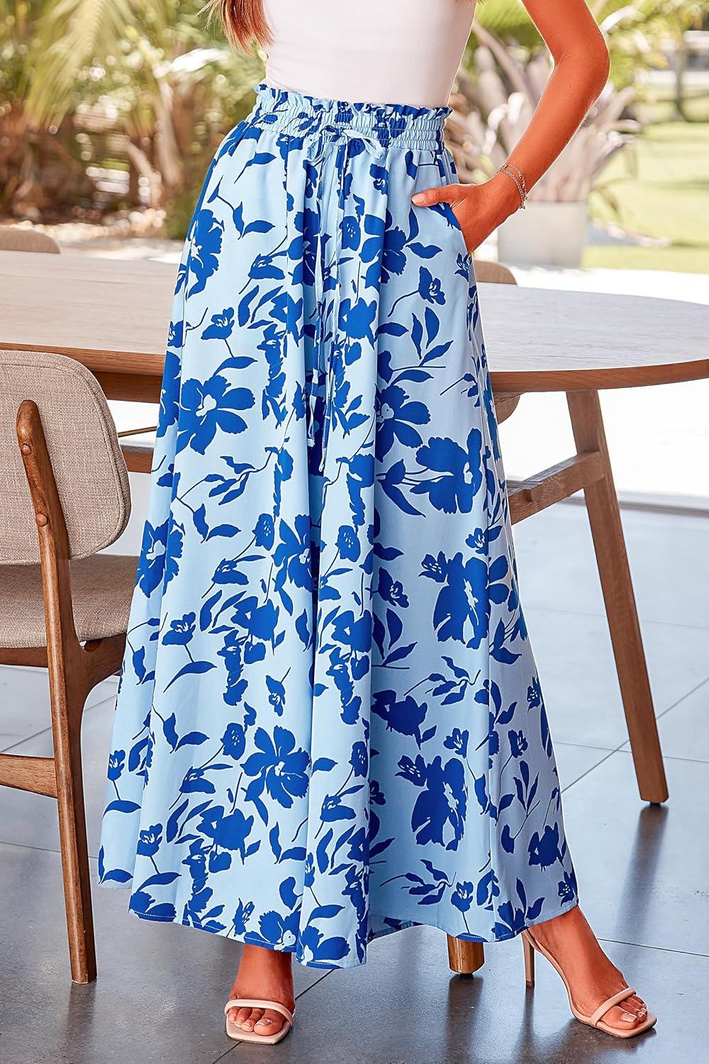 imagePRETTYGARDEN Womens 2026 Summer Wide Leg Palazzo Pants High Waisted Flowy Pockets Trendy Casual Lounge Boho Beach TrousersPrint Blue