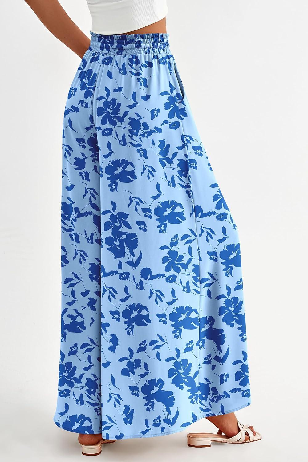 imagePRETTYGARDEN Womens 2026 Summer Wide Leg Palazzo Pants High Waisted Flowy Pockets Trendy Casual Lounge Boho Beach TrousersPrint Blue