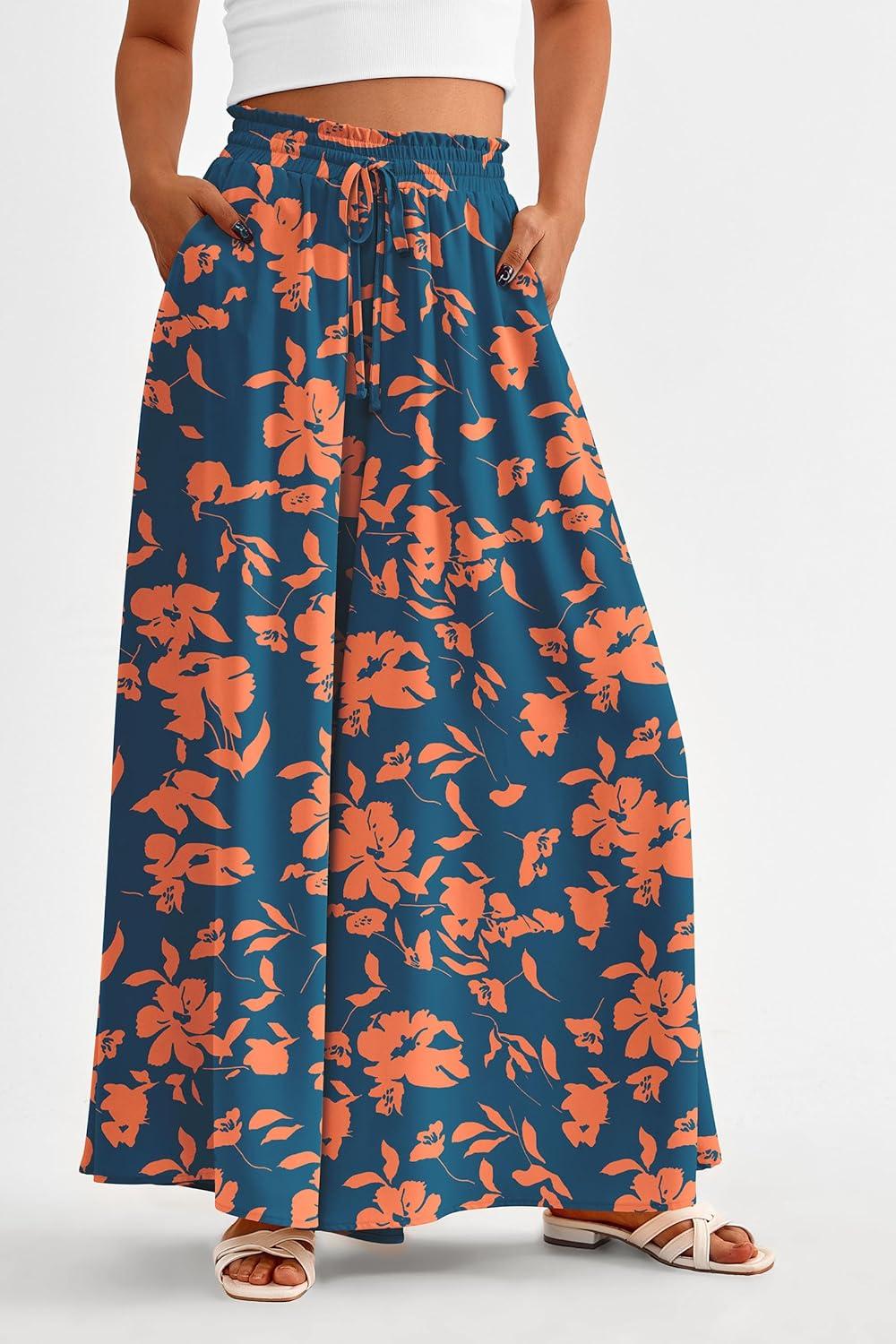 imagePRETTYGARDEN Womens 2026 Summer Wide Leg Palazzo Pants High Waisted Flowy Pockets Trendy Casual Lounge Boho Beach TrousersPrint Dark Blue Orange