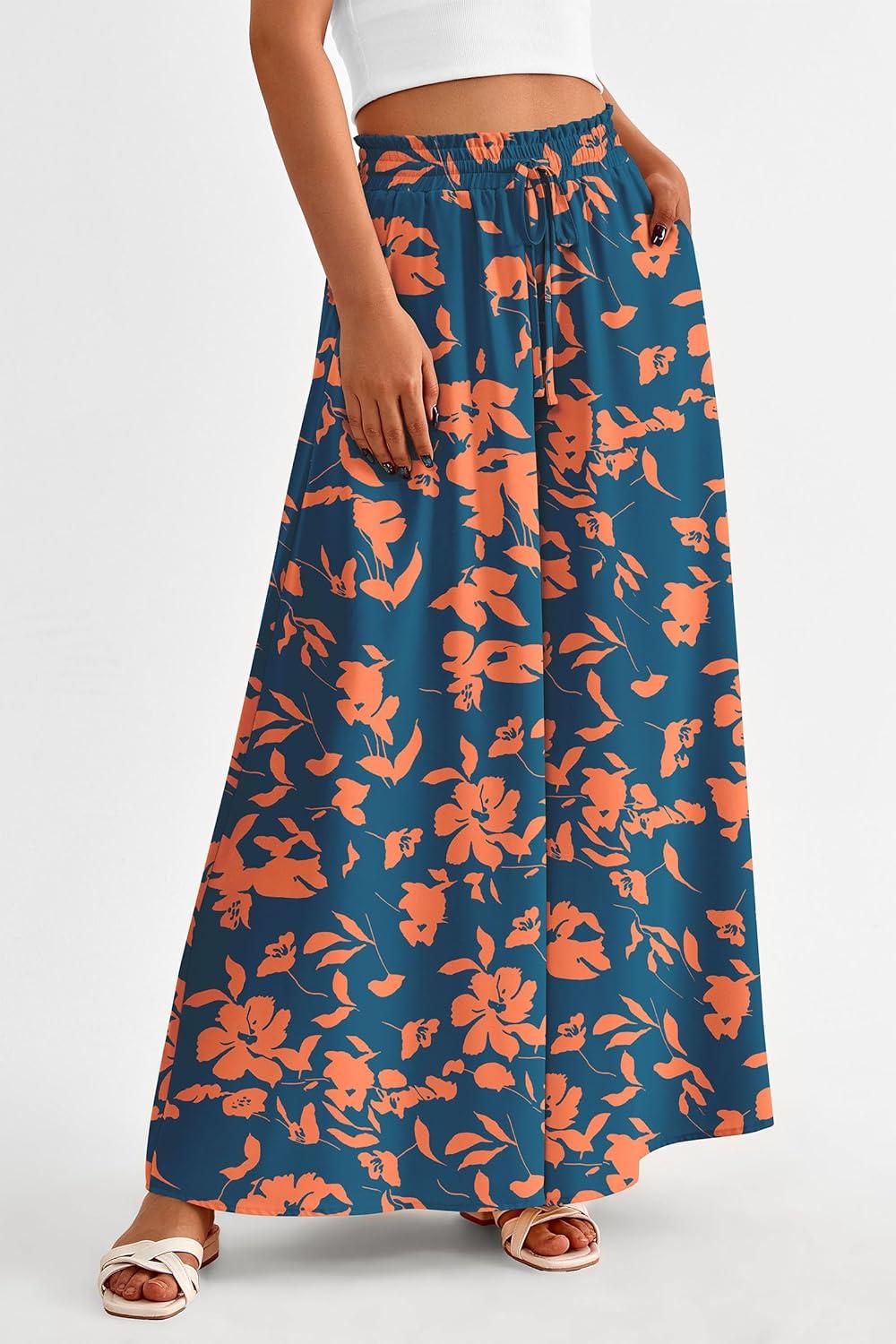 imagePRETTYGARDEN Womens 2026 Summer Wide Leg Palazzo Pants High Waisted Flowy Pockets Trendy Casual Lounge Boho Beach TrousersPrint Dark Blue Orange