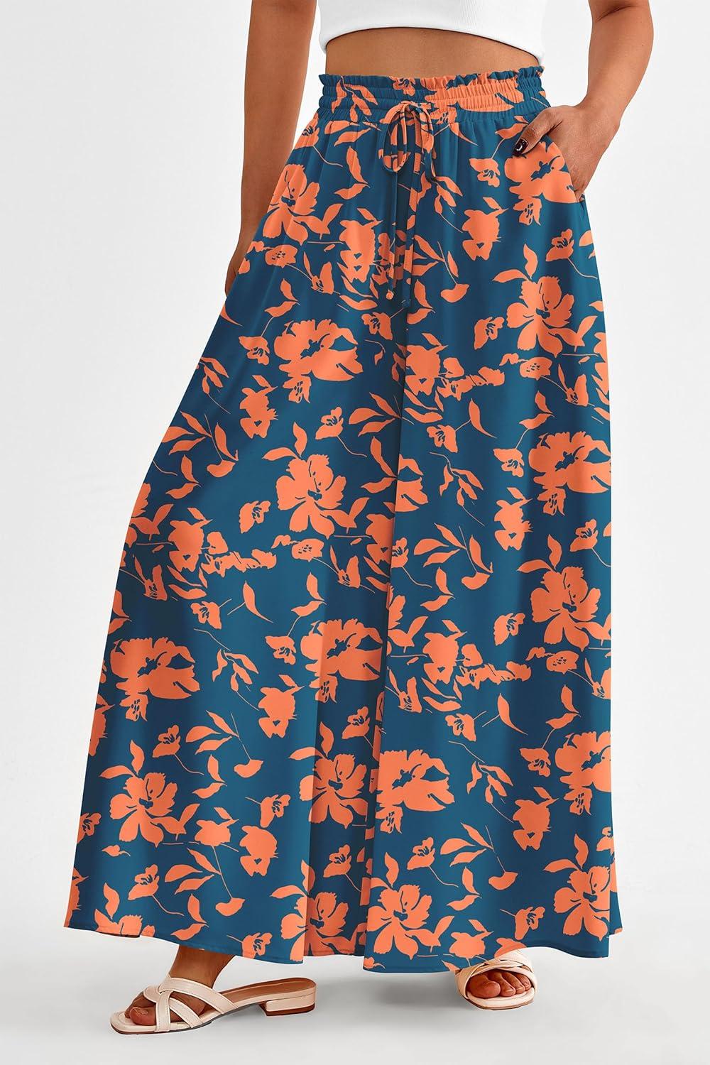 imagePRETTYGARDEN Womens 2026 Summer Wide Leg Palazzo Pants High Waisted Flowy Pockets Trendy Casual Lounge Boho Beach TrousersPrint Dark Blue Orange