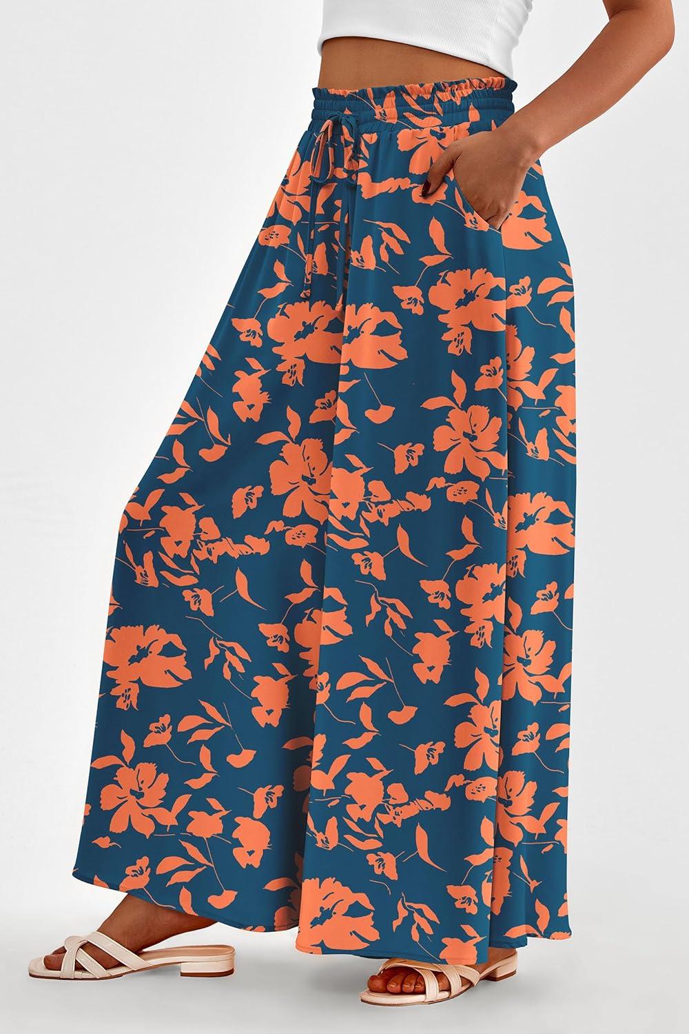 imagePRETTYGARDEN Womens 2026 Summer Wide Leg Palazzo Pants High Waisted Flowy Pockets Trendy Casual Lounge Boho Beach TrousersPrint Dark Blue Orange