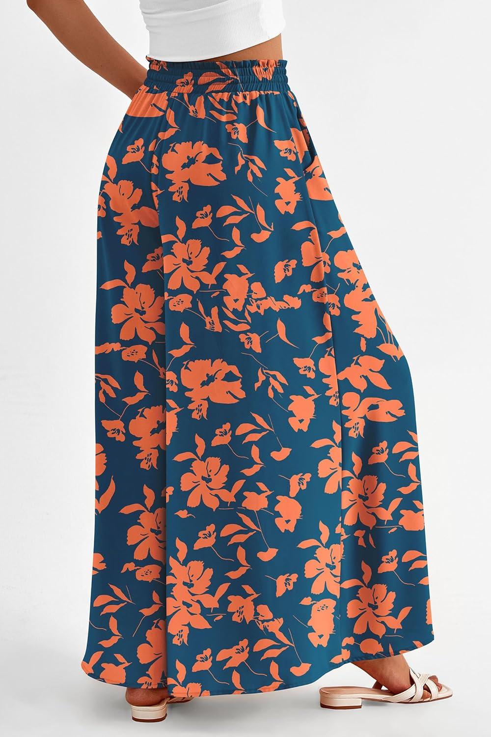 imagePRETTYGARDEN Womens 2026 Summer Wide Leg Palazzo Pants High Waisted Flowy Pockets Trendy Casual Lounge Boho Beach TrousersPrint Dark Blue Orange