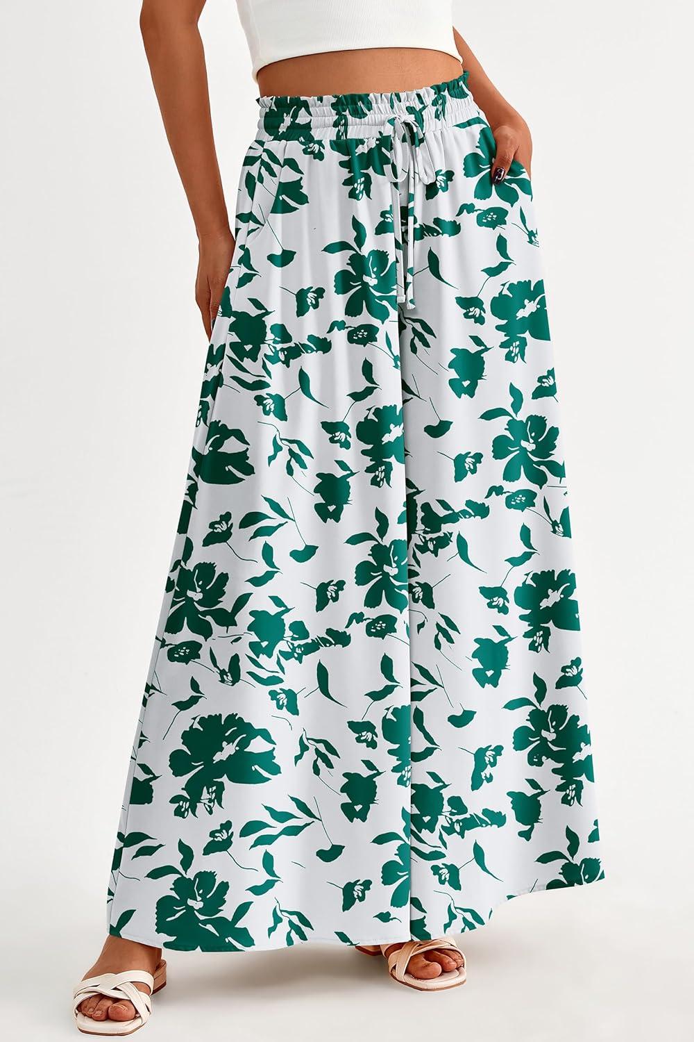 imagePRETTYGARDEN Womens 2026 Summer Wide Leg Palazzo Pants High Waisted Flowy Pockets Trendy Casual Lounge Boho Beach TrousersPrint Green