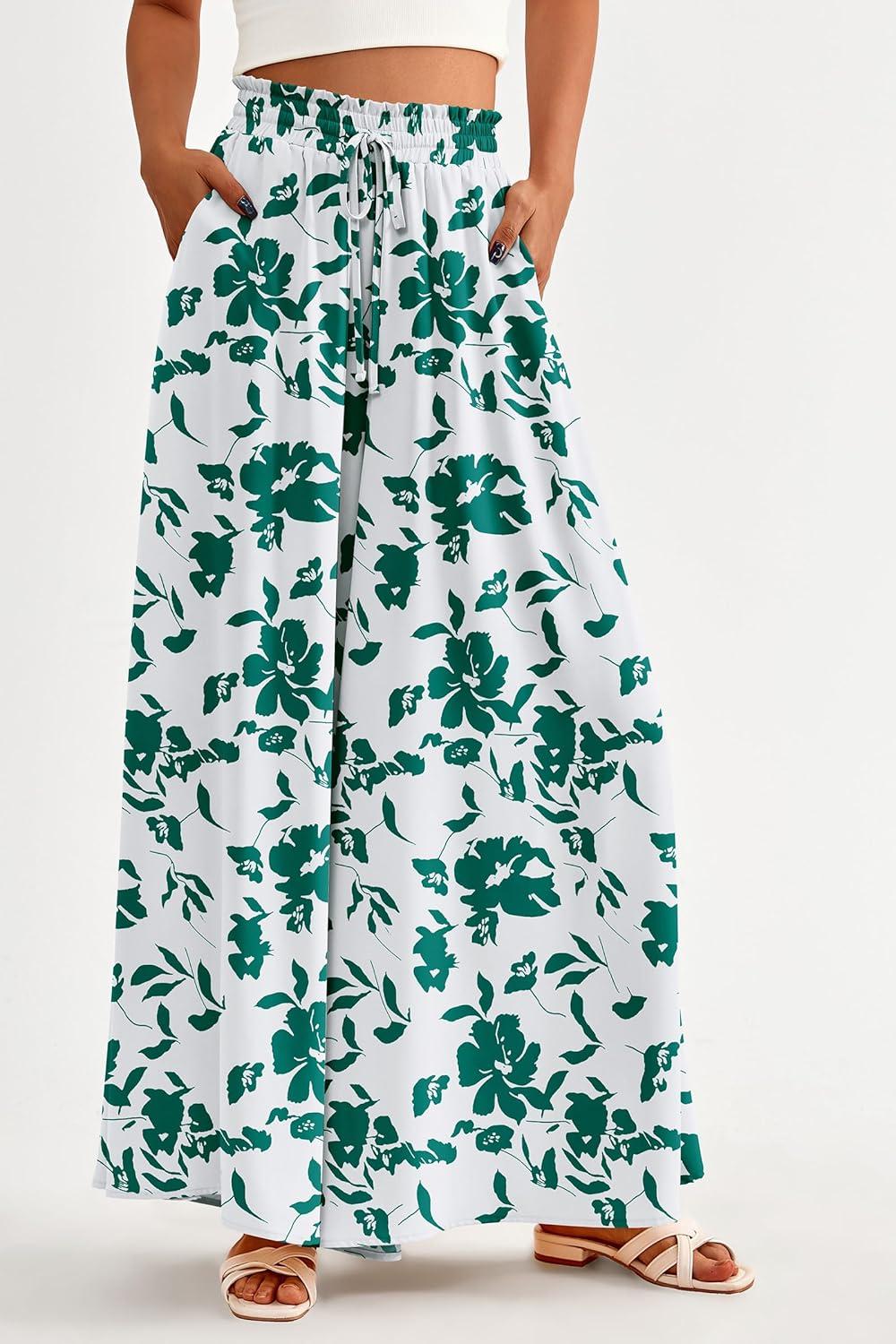 imagePRETTYGARDEN Womens 2026 Summer Wide Leg Palazzo Pants High Waisted Flowy Pockets Trendy Casual Lounge Boho Beach TrousersPrint Green