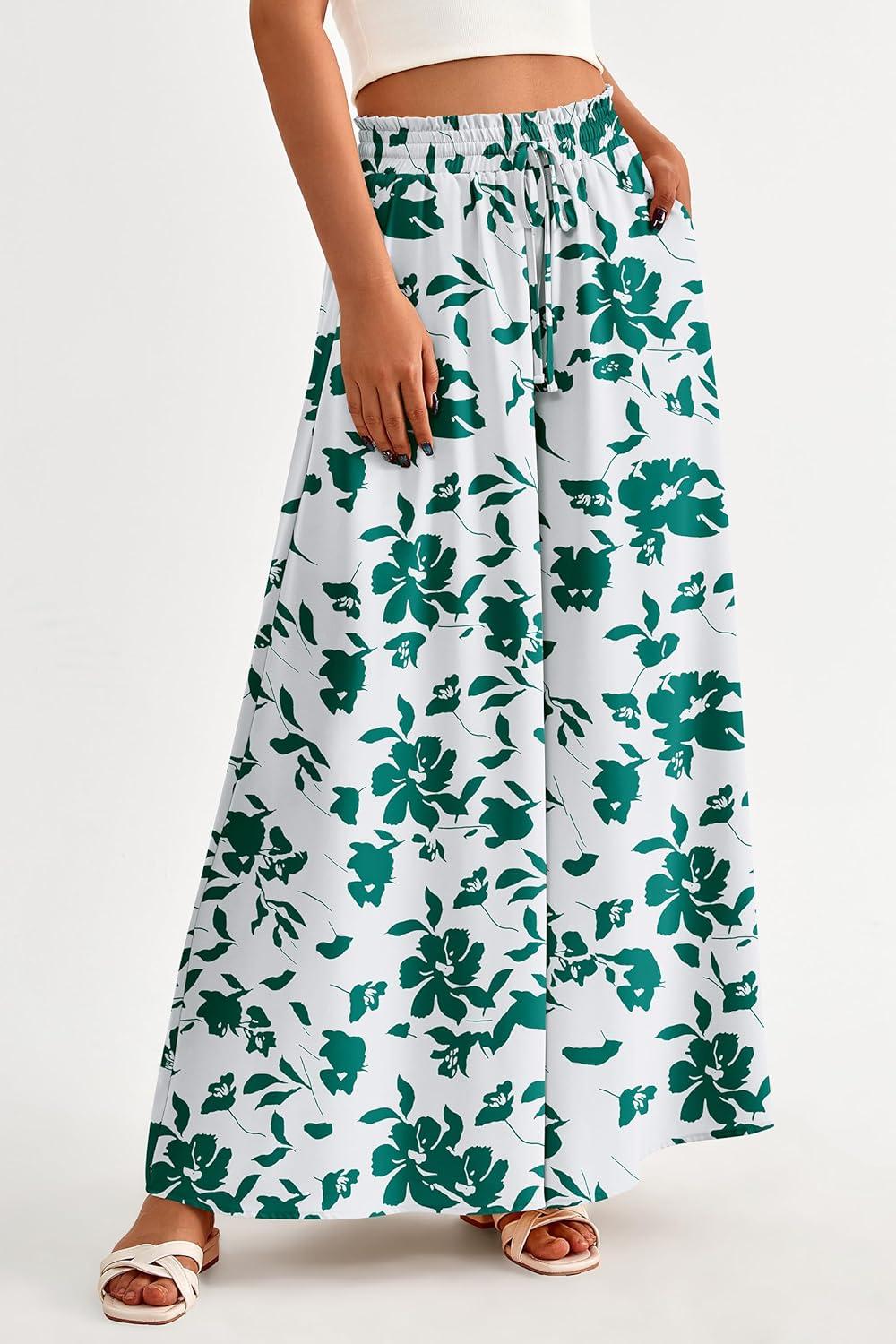 imagePRETTYGARDEN Womens 2026 Summer Wide Leg Palazzo Pants High Waisted Flowy Pockets Trendy Casual Lounge Boho Beach TrousersPrint Green
