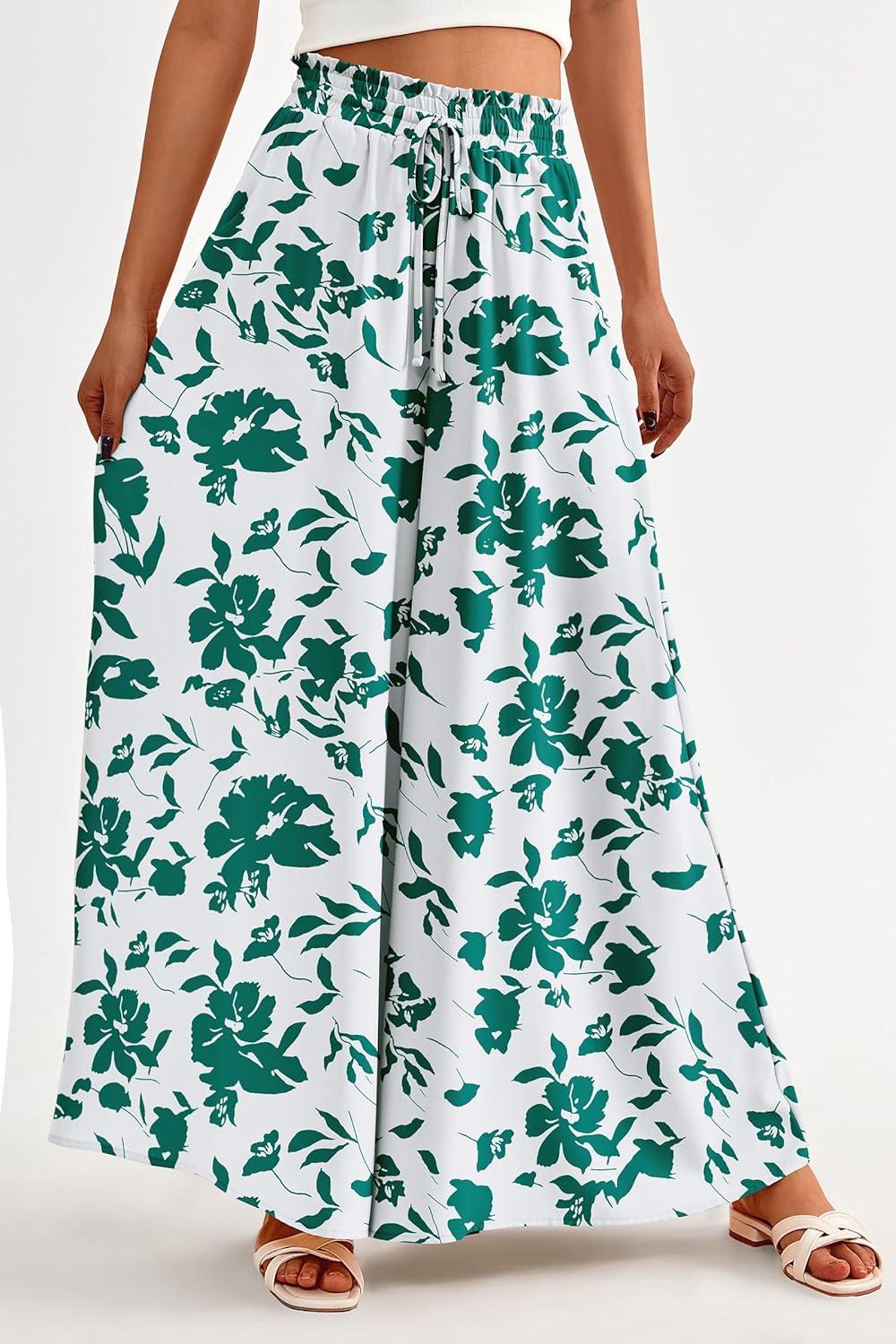 imagePRETTYGARDEN Womens 2026 Summer Wide Leg Palazzo Pants High Waisted Flowy Pockets Trendy Casual Lounge Boho Beach TrousersPrint Green