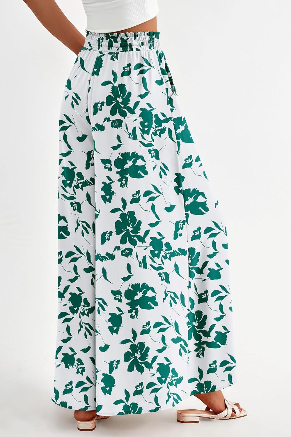 imagePRETTYGARDEN Womens 2026 Summer Wide Leg Palazzo Pants High Waisted Flowy Pockets Trendy Casual Lounge Boho Beach TrousersPrint Green