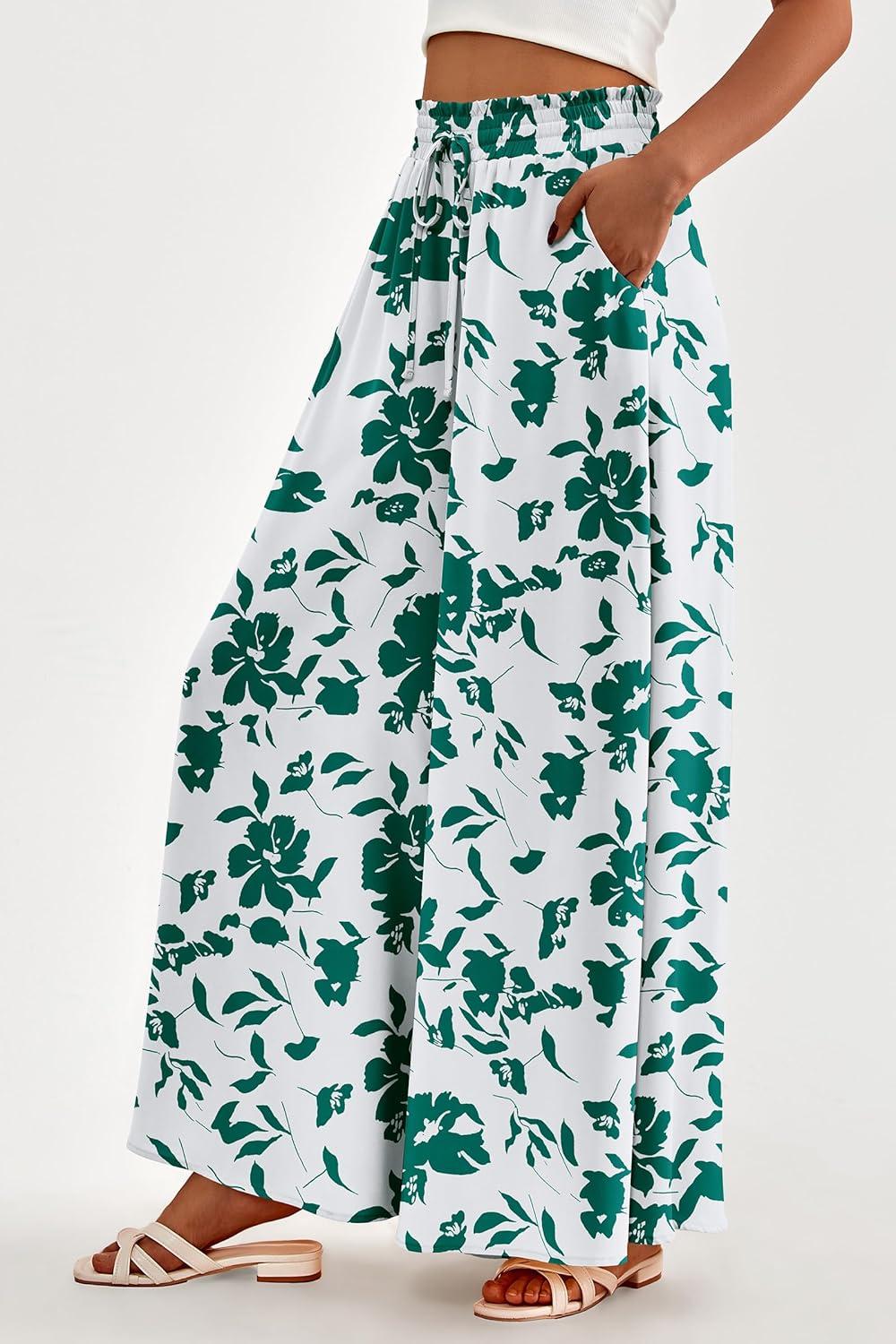 imagePRETTYGARDEN Womens 2026 Summer Wide Leg Palazzo Pants High Waisted Flowy Pockets Trendy Casual Lounge Boho Beach TrousersPrint Green