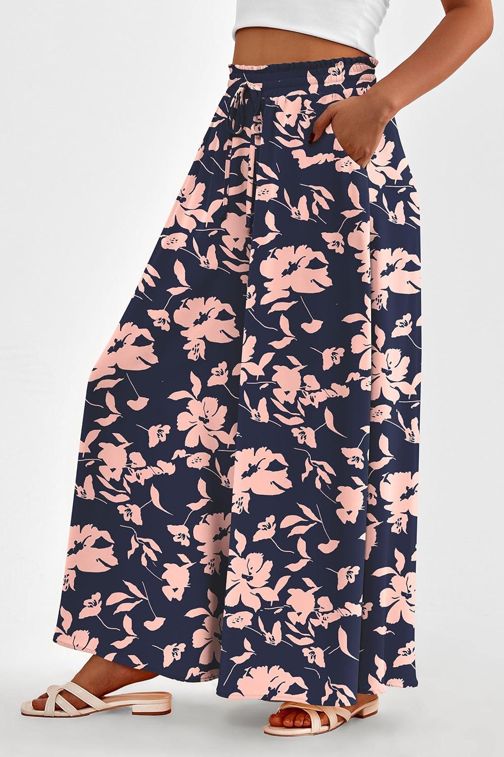 imagePRETTYGARDEN Womens 2026 Summer Wide Leg Palazzo Pants High Waisted Flowy Pockets Trendy Casual Lounge Boho Beach TrousersPrint Navy Pink
