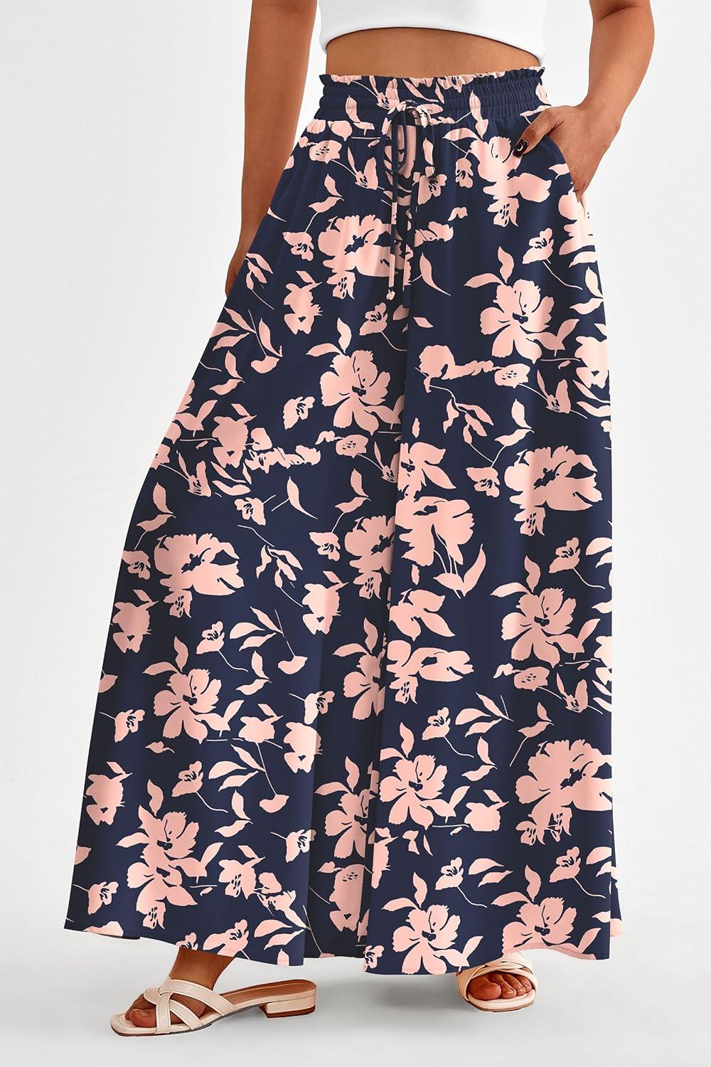 imagePRETTYGARDEN Womens 2026 Summer Wide Leg Palazzo Pants High Waisted Flowy Pockets Trendy Casual Lounge Boho Beach TrousersPrint Navy Pink