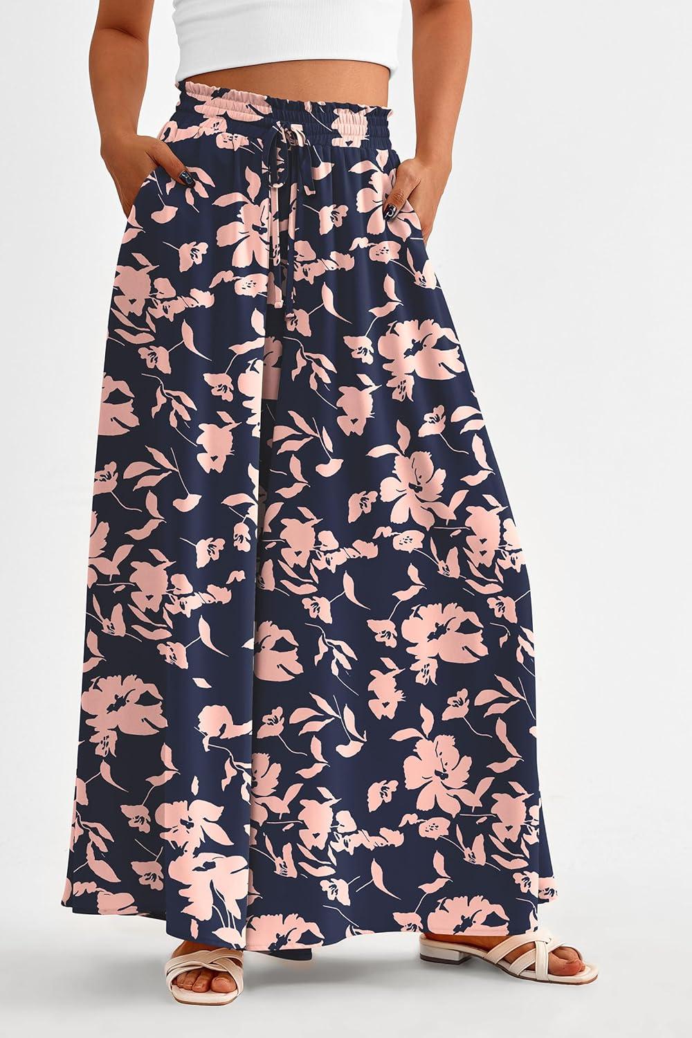 imagePRETTYGARDEN Womens 2026 Summer Wide Leg Palazzo Pants High Waisted Flowy Pockets Trendy Casual Lounge Boho Beach TrousersPrint Navy Pink