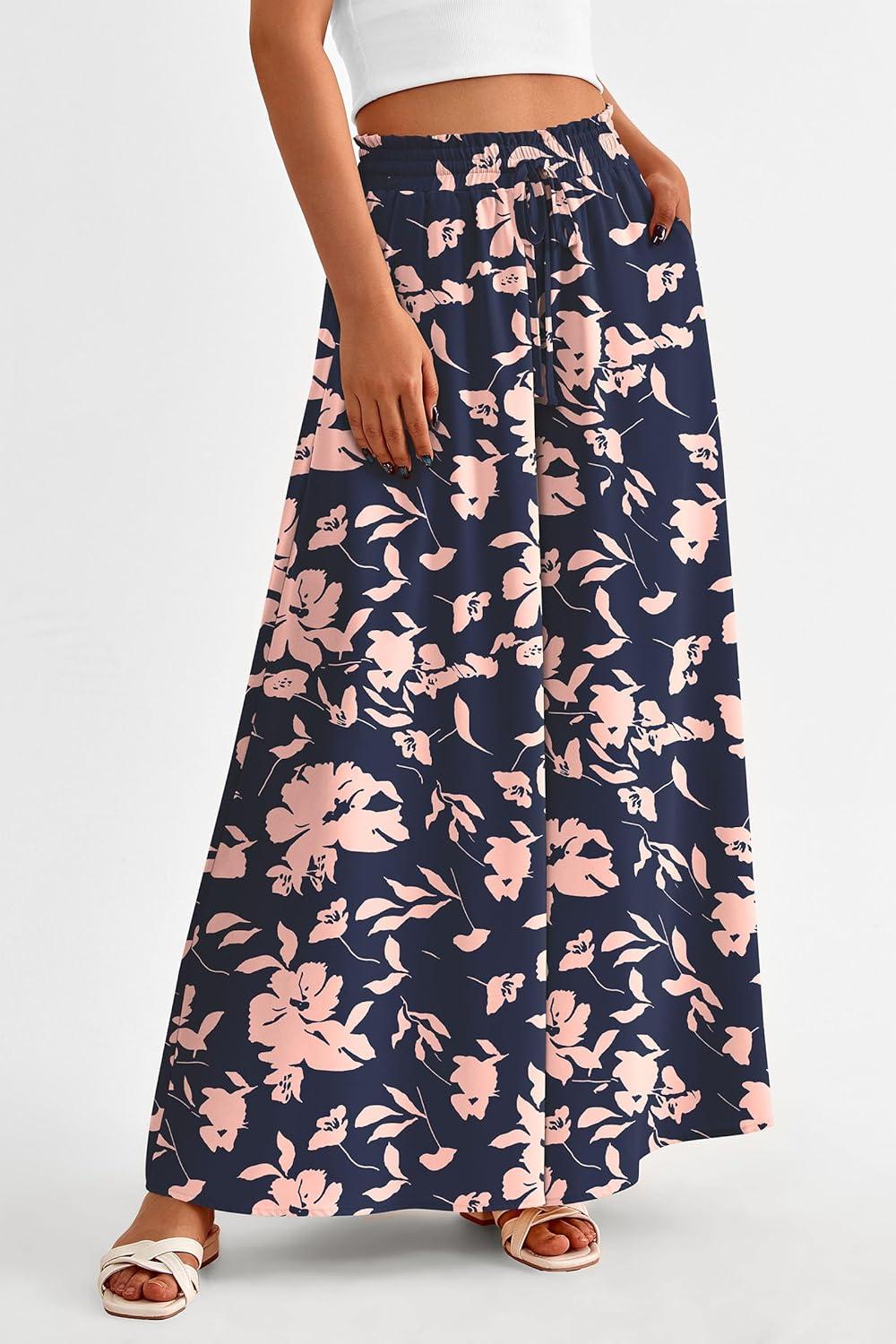 imagePRETTYGARDEN Womens 2026 Summer Wide Leg Palazzo Pants High Waisted Flowy Pockets Trendy Casual Lounge Boho Beach TrousersPrint Navy Pink