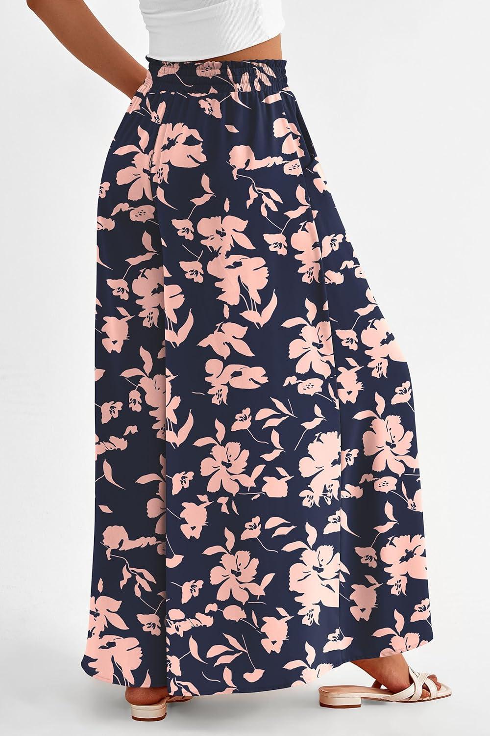 imagePRETTYGARDEN Womens 2026 Summer Wide Leg Palazzo Pants High Waisted Flowy Pockets Trendy Casual Lounge Boho Beach TrousersPrint Navy Pink