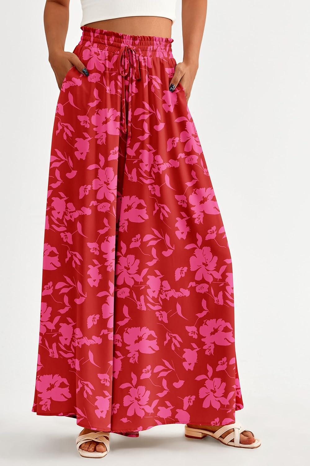 imagePRETTYGARDEN Womens 2026 Summer Wide Leg Palazzo Pants High Waisted Flowy Pockets Trendy Casual Lounge Boho Beach TrousersPrint Red