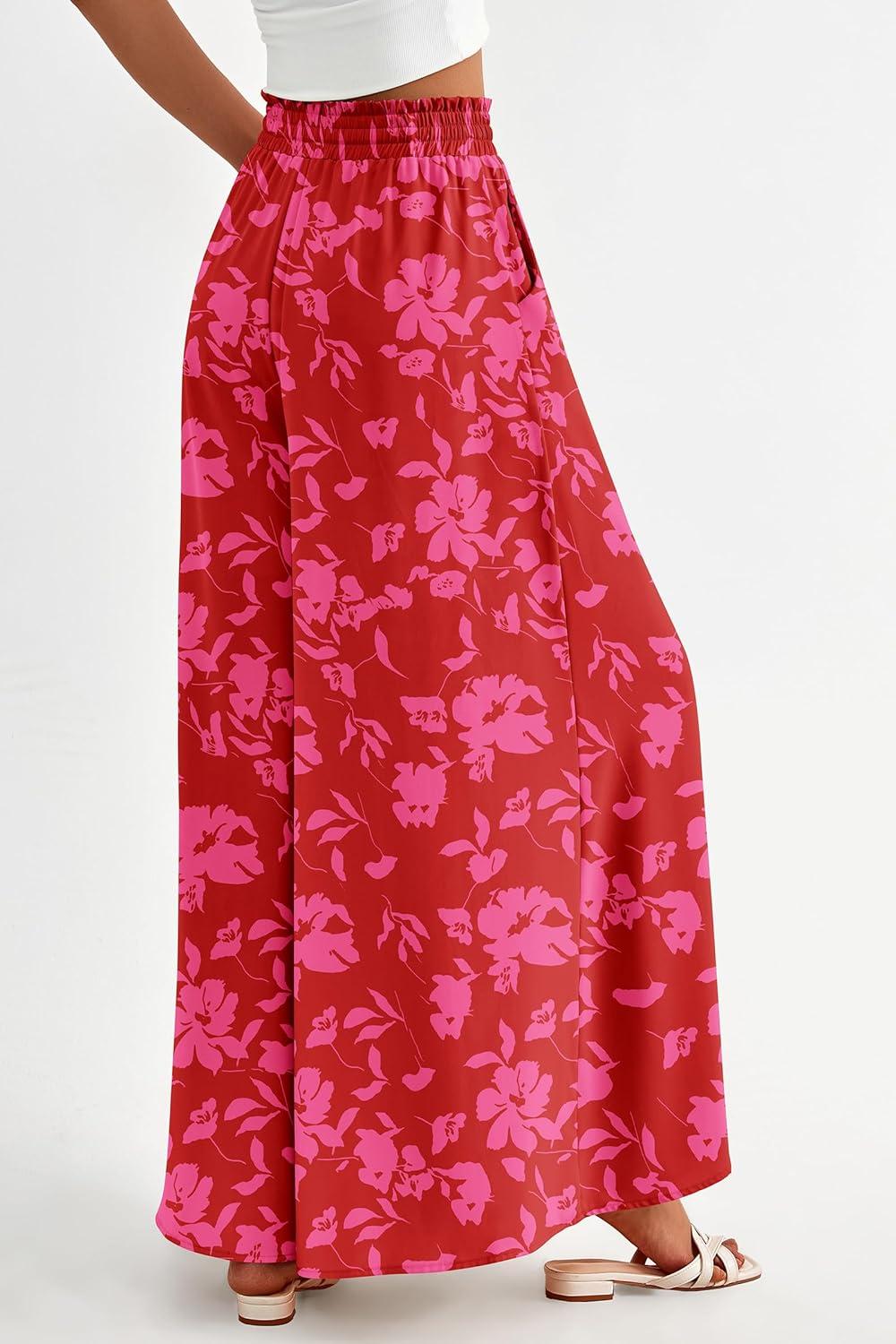 imagePRETTYGARDEN Womens 2026 Summer Wide Leg Palazzo Pants High Waisted Flowy Pockets Trendy Casual Lounge Boho Beach TrousersPrint Red