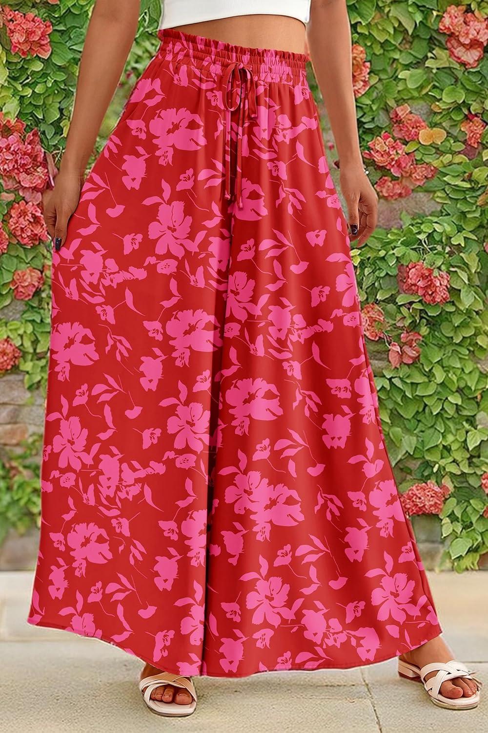 imagePRETTYGARDEN Womens 2026 Summer Wide Leg Palazzo Pants High Waisted Flowy Pockets Trendy Casual Lounge Boho Beach TrousersPrint Red