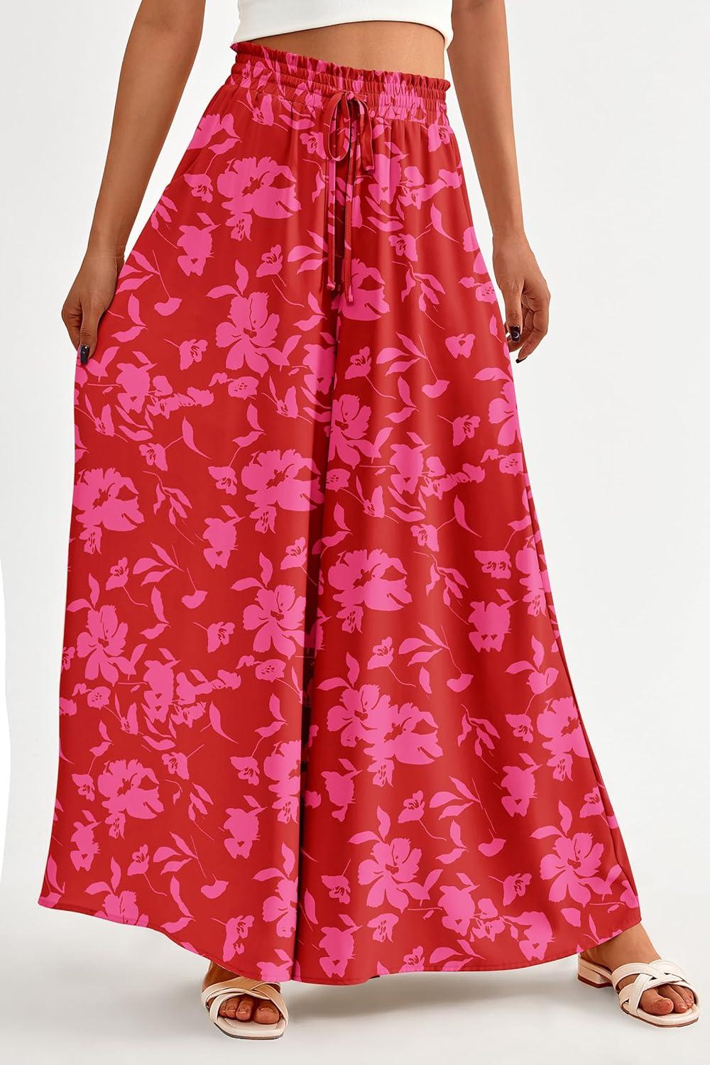 imagePRETTYGARDEN Womens 2026 Summer Wide Leg Palazzo Pants High Waisted Flowy Pockets Trendy Casual Lounge Boho Beach TrousersPrint Red
