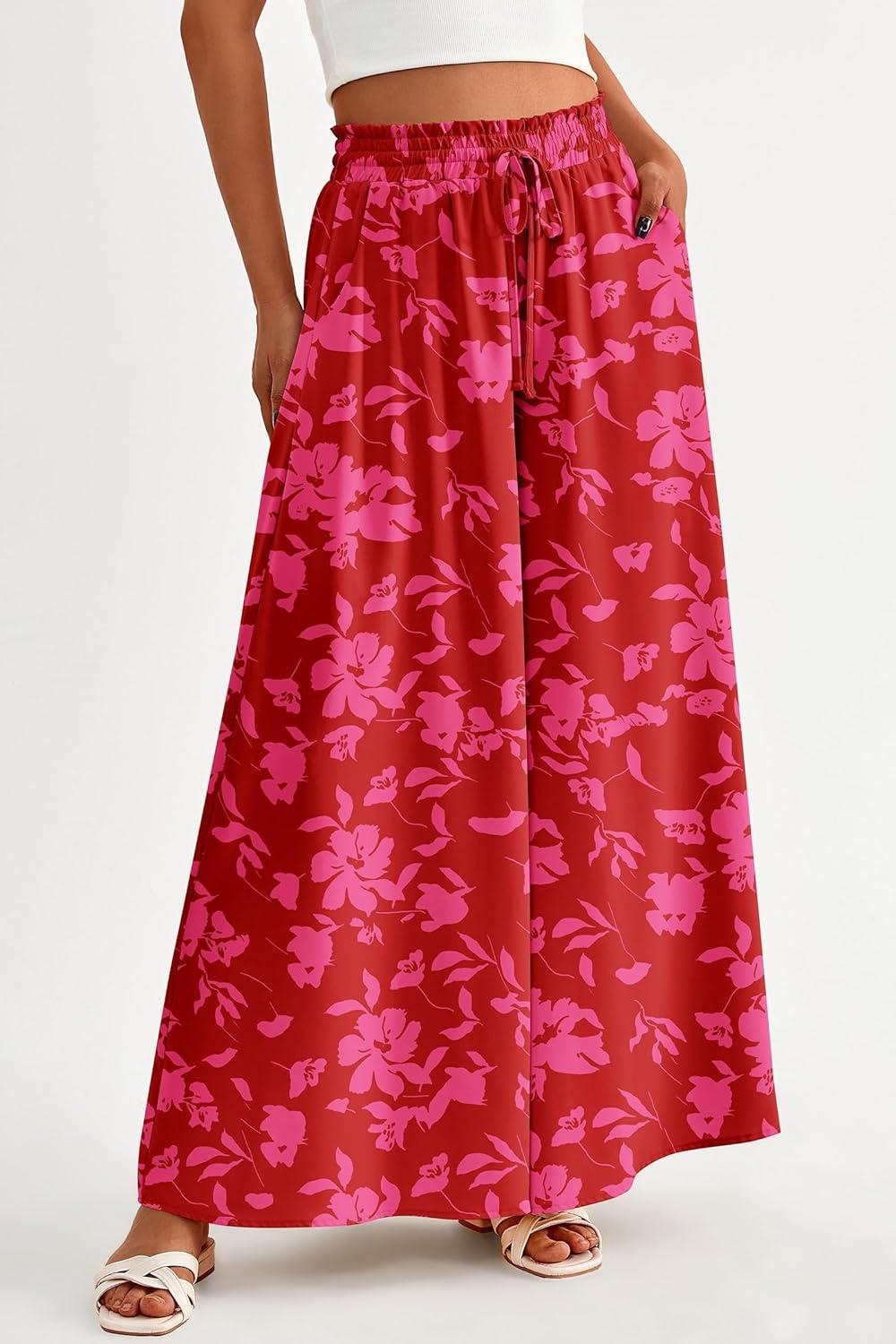 imagePRETTYGARDEN Womens 2026 Summer Wide Leg Palazzo Pants High Waisted Flowy Pockets Trendy Casual Lounge Boho Beach TrousersPrint Red