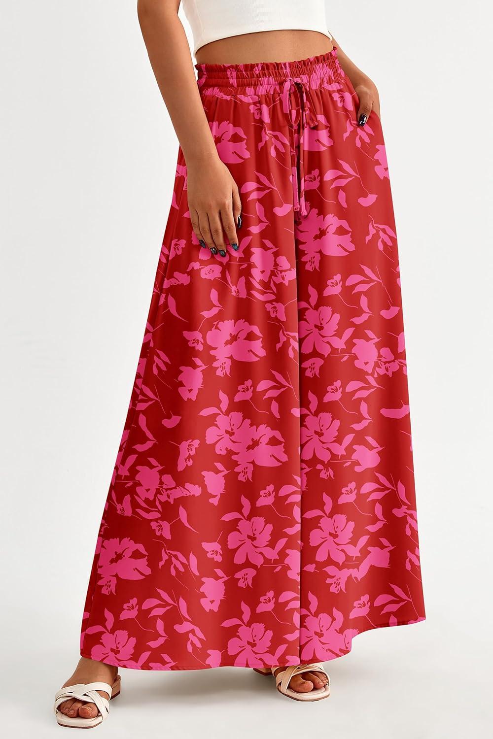 imagePRETTYGARDEN Womens 2026 Summer Wide Leg Palazzo Pants High Waisted Flowy Pockets Trendy Casual Lounge Boho Beach TrousersPrint Red