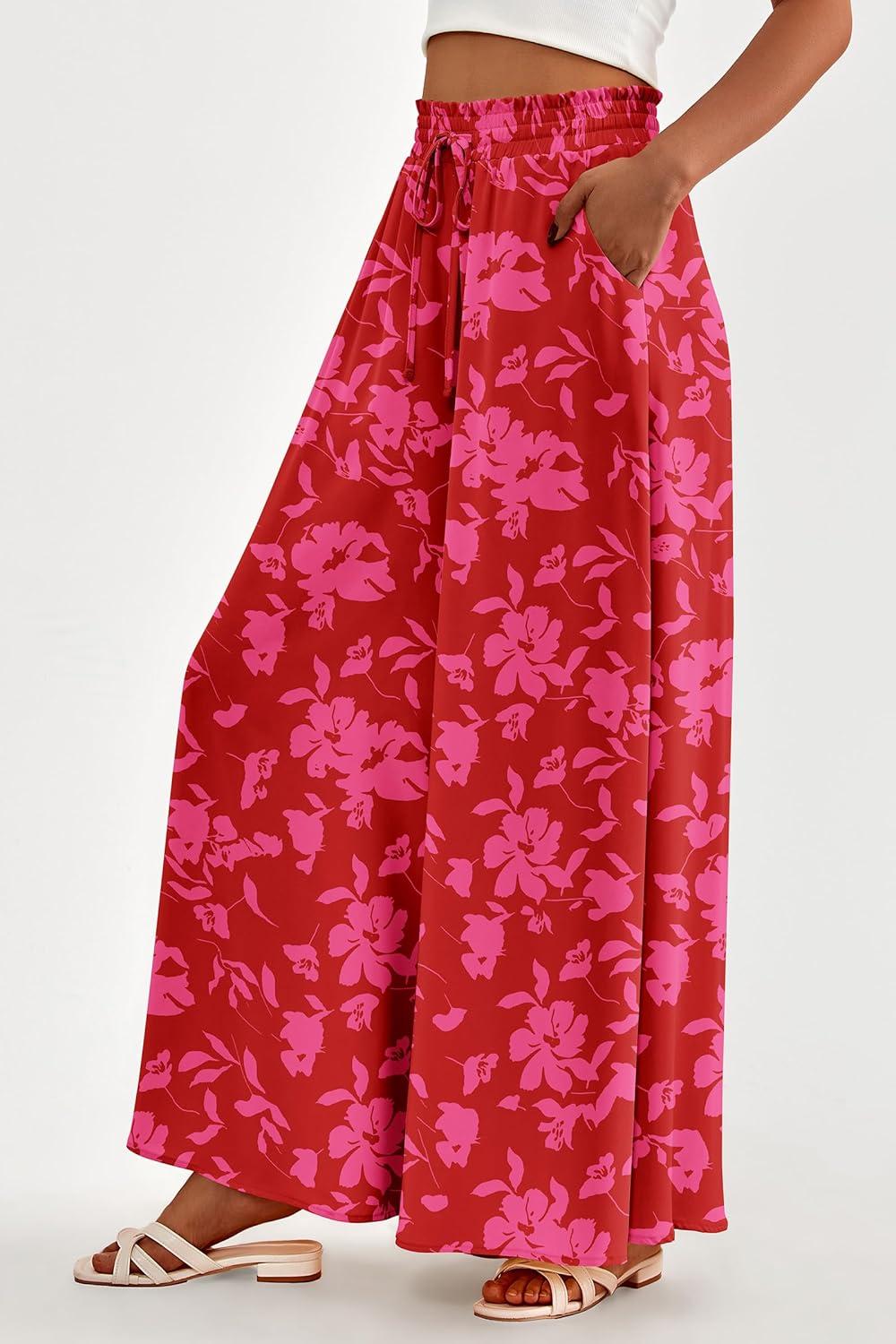 imagePRETTYGARDEN Womens 2026 Summer Wide Leg Palazzo Pants High Waisted Flowy Pockets Trendy Casual Lounge Boho Beach TrousersPrint Red