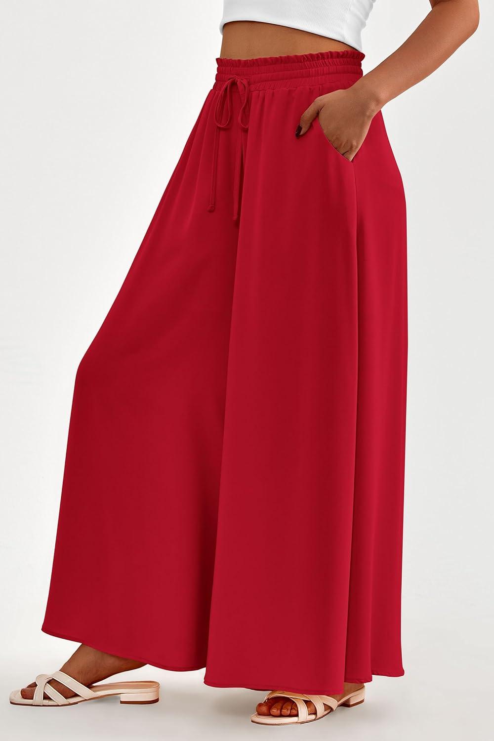 imagePRETTYGARDEN Womens 2026 Summer Wide Leg Palazzo Pants High Waisted Flowy Pockets Trendy Casual Lounge Boho Beach TrousersRed