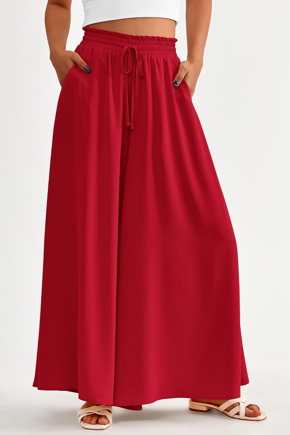 imagePRETTYGARDEN Womens 2026 Summer Wide Leg Palazzo Pants High Waisted Flowy Pockets Trendy Casual Lounge Boho Beach TrousersRed