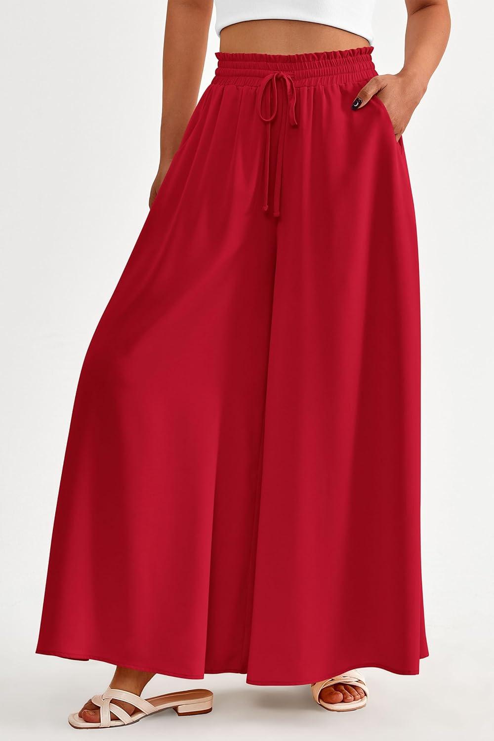 imagePRETTYGARDEN Womens 2026 Summer Wide Leg Palazzo Pants High Waisted Flowy Pockets Trendy Casual Lounge Boho Beach TrousersRed