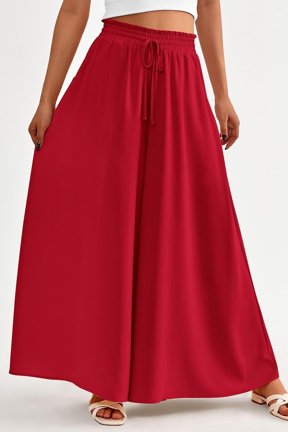 imagePRETTYGARDEN Womens 2026 Summer Wide Leg Palazzo Pants High Waisted Flowy Pockets Trendy Casual Lounge Boho Beach TrousersRed