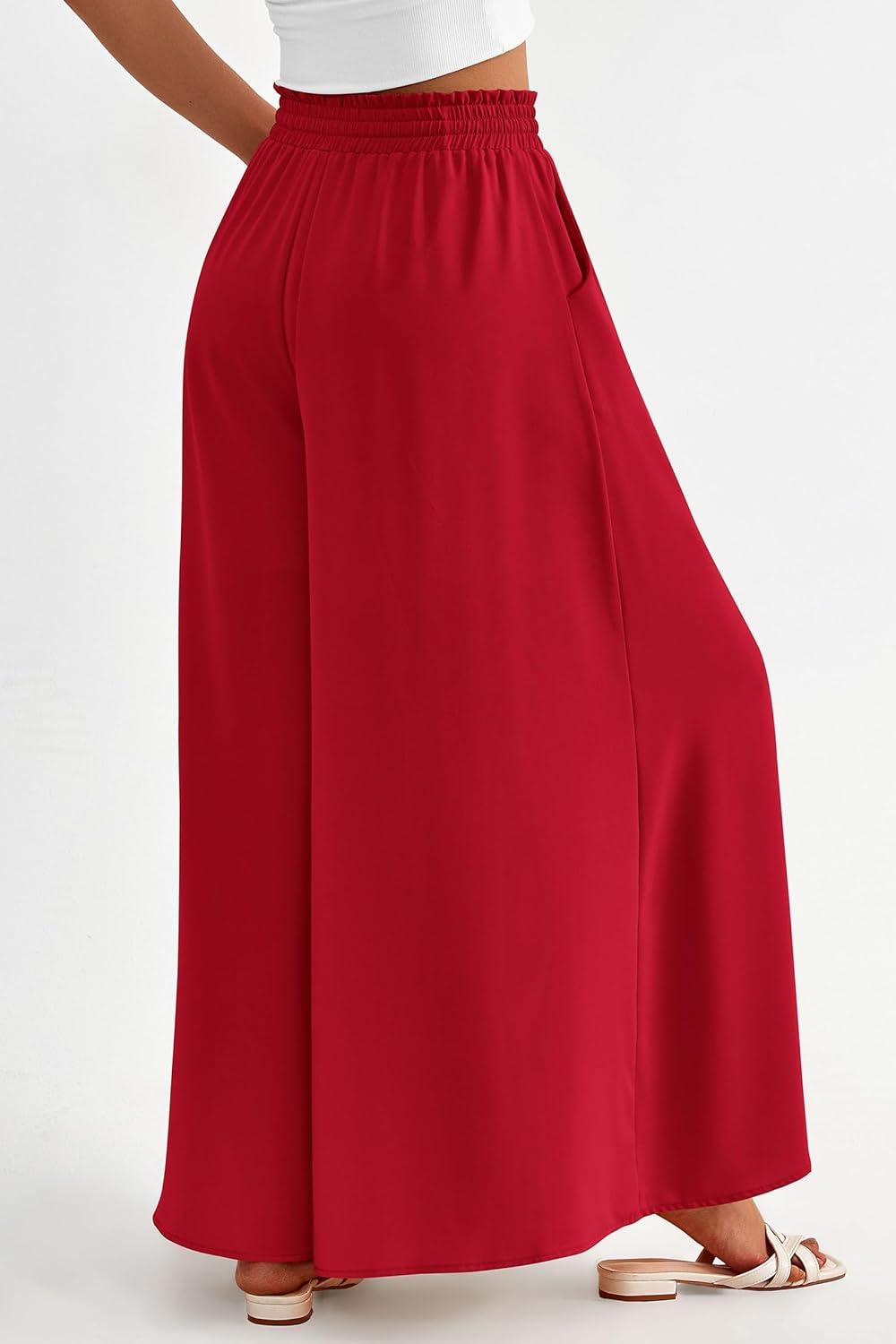 imagePRETTYGARDEN Womens 2026 Summer Wide Leg Palazzo Pants High Waisted Flowy Pockets Trendy Casual Lounge Boho Beach TrousersRed