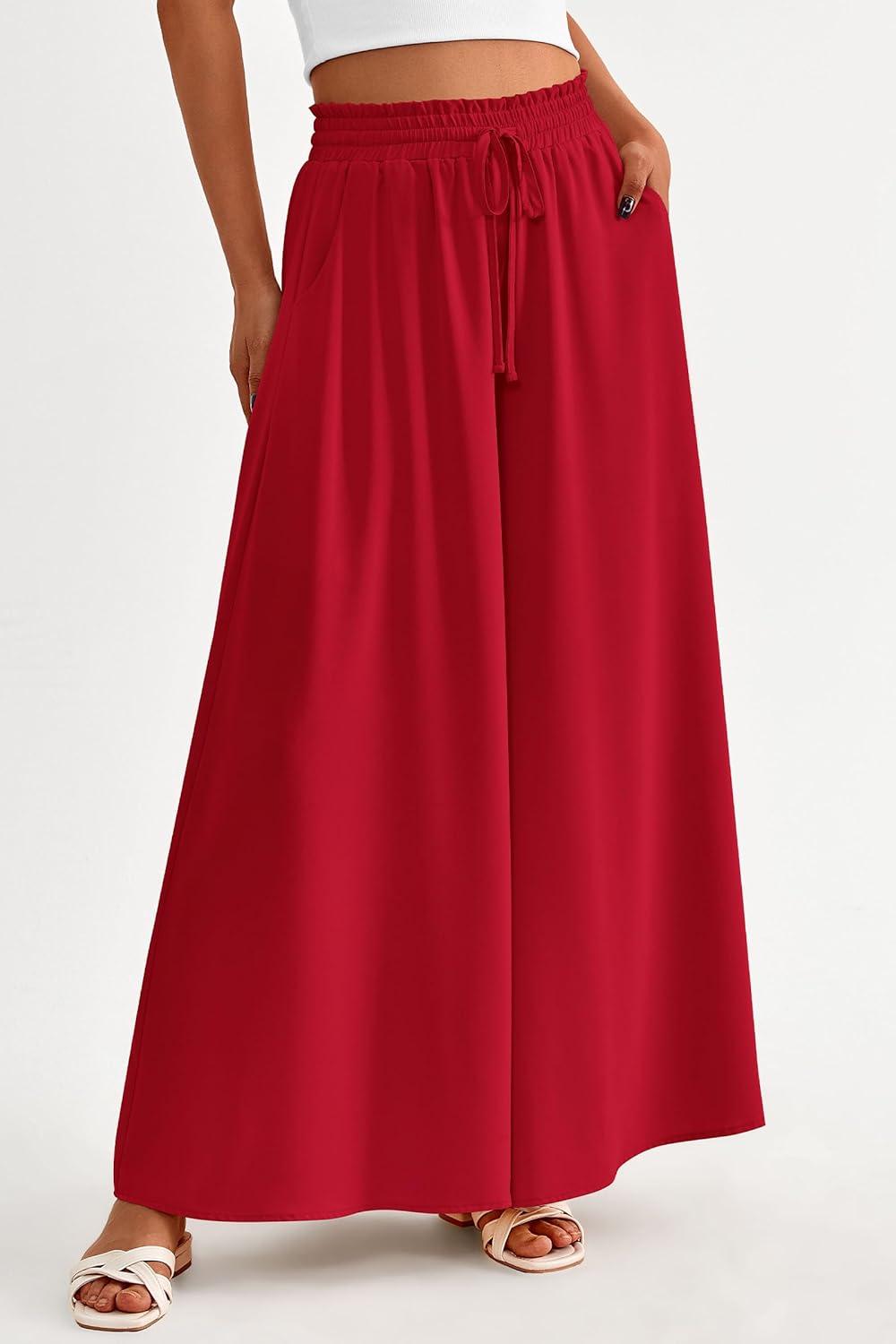imagePRETTYGARDEN Womens 2026 Summer Wide Leg Palazzo Pants High Waisted Flowy Pockets Trendy Casual Lounge Boho Beach TrousersRed