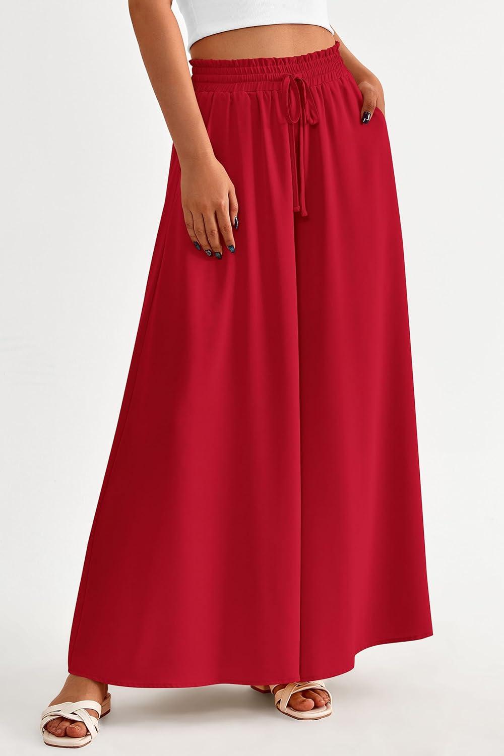 imagePRETTYGARDEN Womens 2026 Summer Wide Leg Palazzo Pants High Waisted Flowy Pockets Trendy Casual Lounge Boho Beach TrousersRed