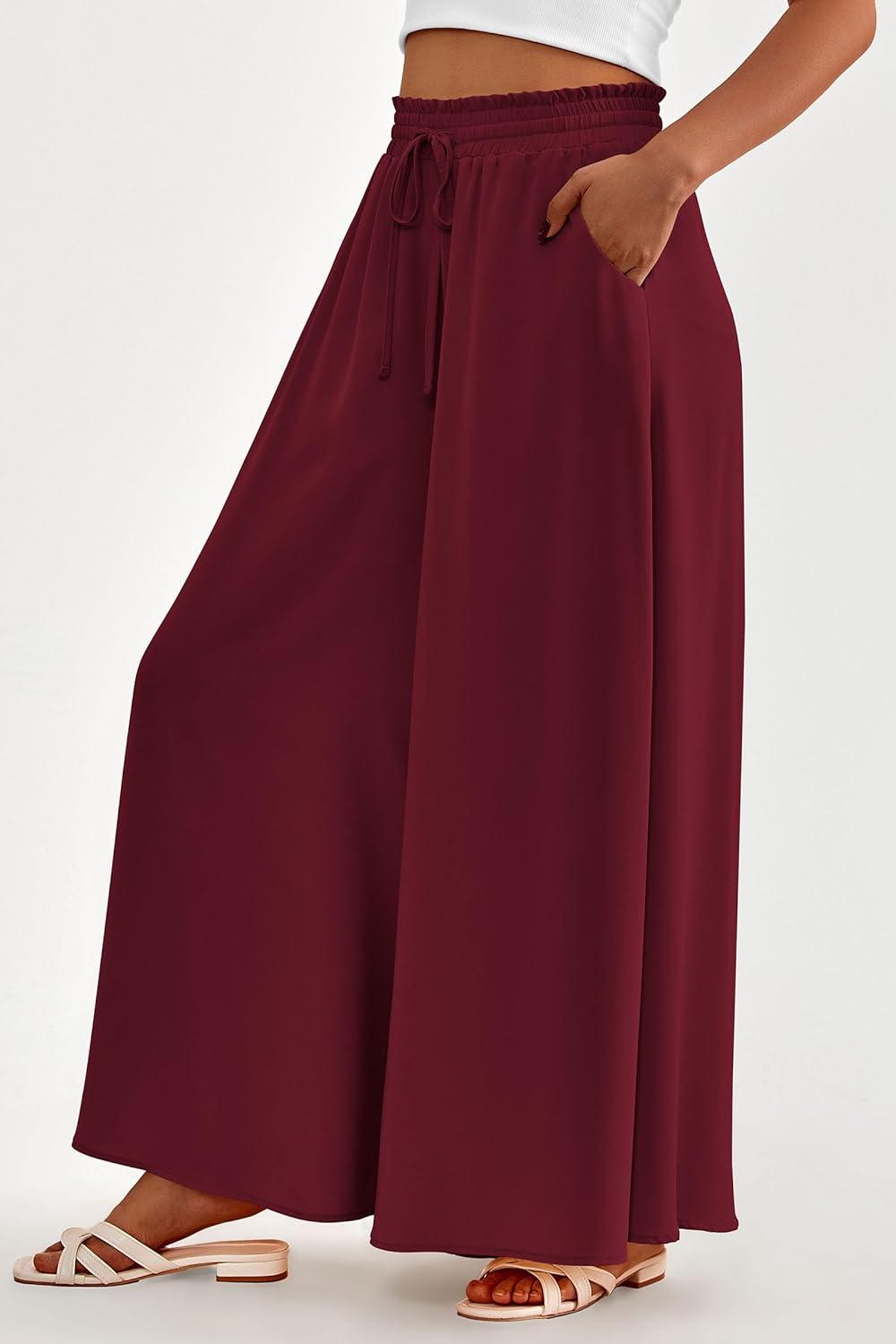 imagePRETTYGARDEN Womens 2026 Summer Wide Leg Palazzo Pants High Waisted Flowy Pockets Trendy Casual Lounge Boho Beach TrousersWine Red