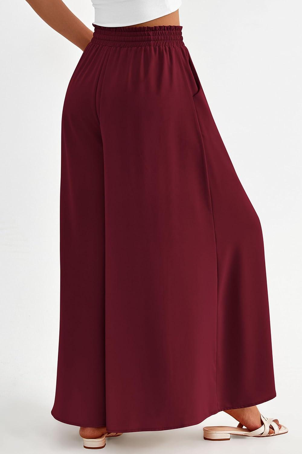 imagePRETTYGARDEN Womens 2026 Summer Wide Leg Palazzo Pants High Waisted Flowy Pockets Trendy Casual Lounge Boho Beach TrousersWine Red