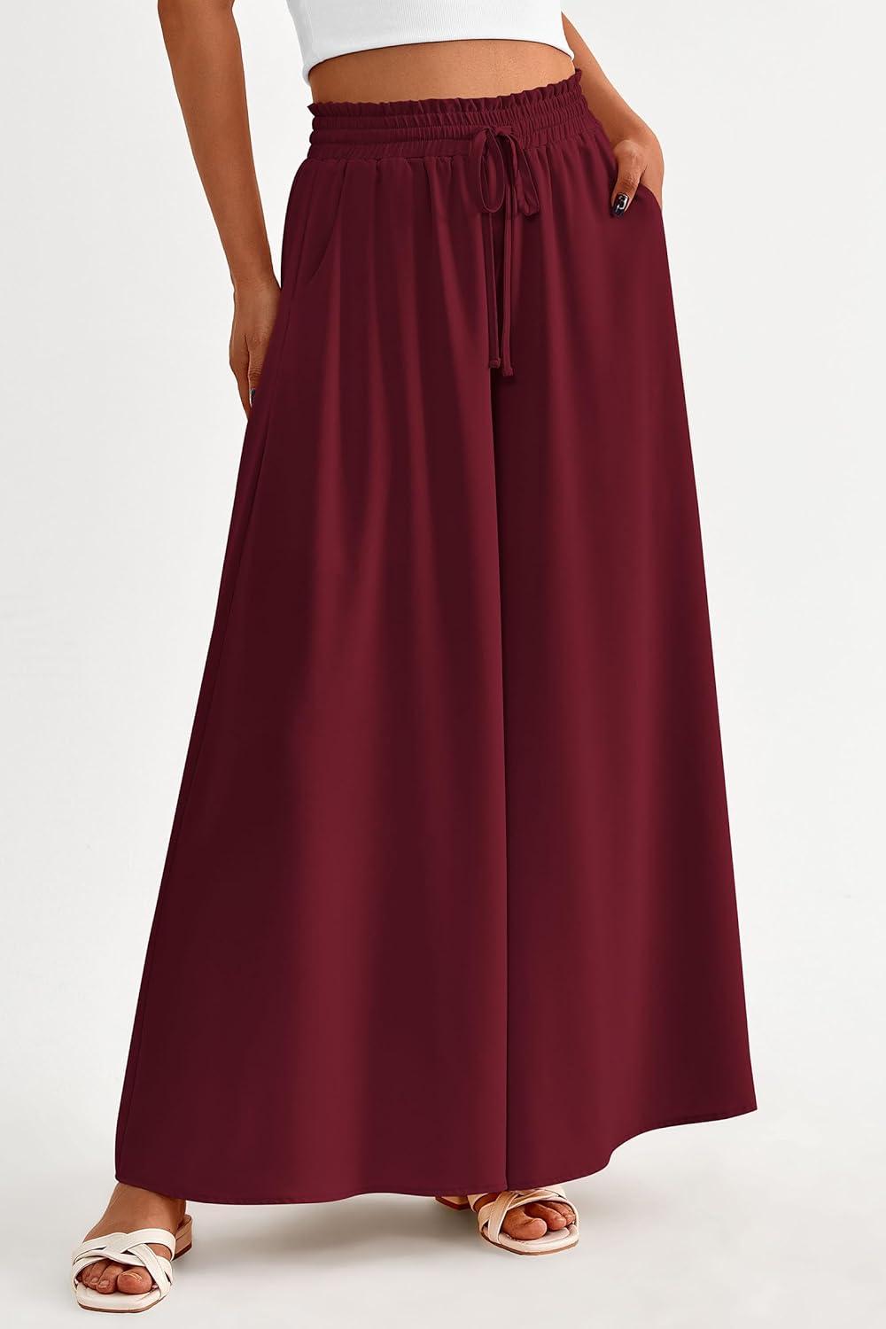 imagePRETTYGARDEN Womens 2026 Summer Wide Leg Palazzo Pants High Waisted Flowy Pockets Trendy Casual Lounge Boho Beach TrousersWine Red