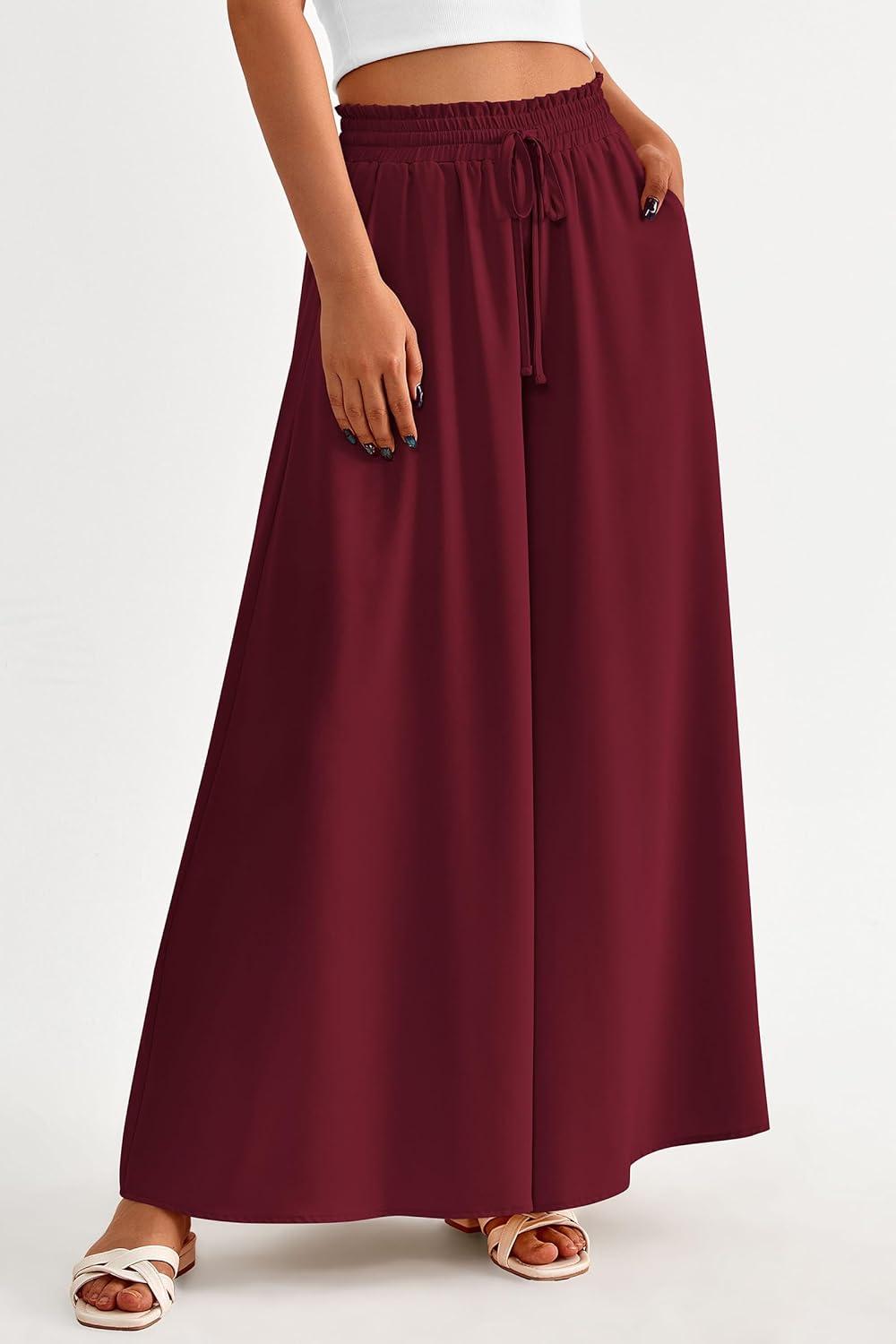 imagePRETTYGARDEN Womens 2026 Summer Wide Leg Palazzo Pants High Waisted Flowy Pockets Trendy Casual Lounge Boho Beach TrousersWine Red