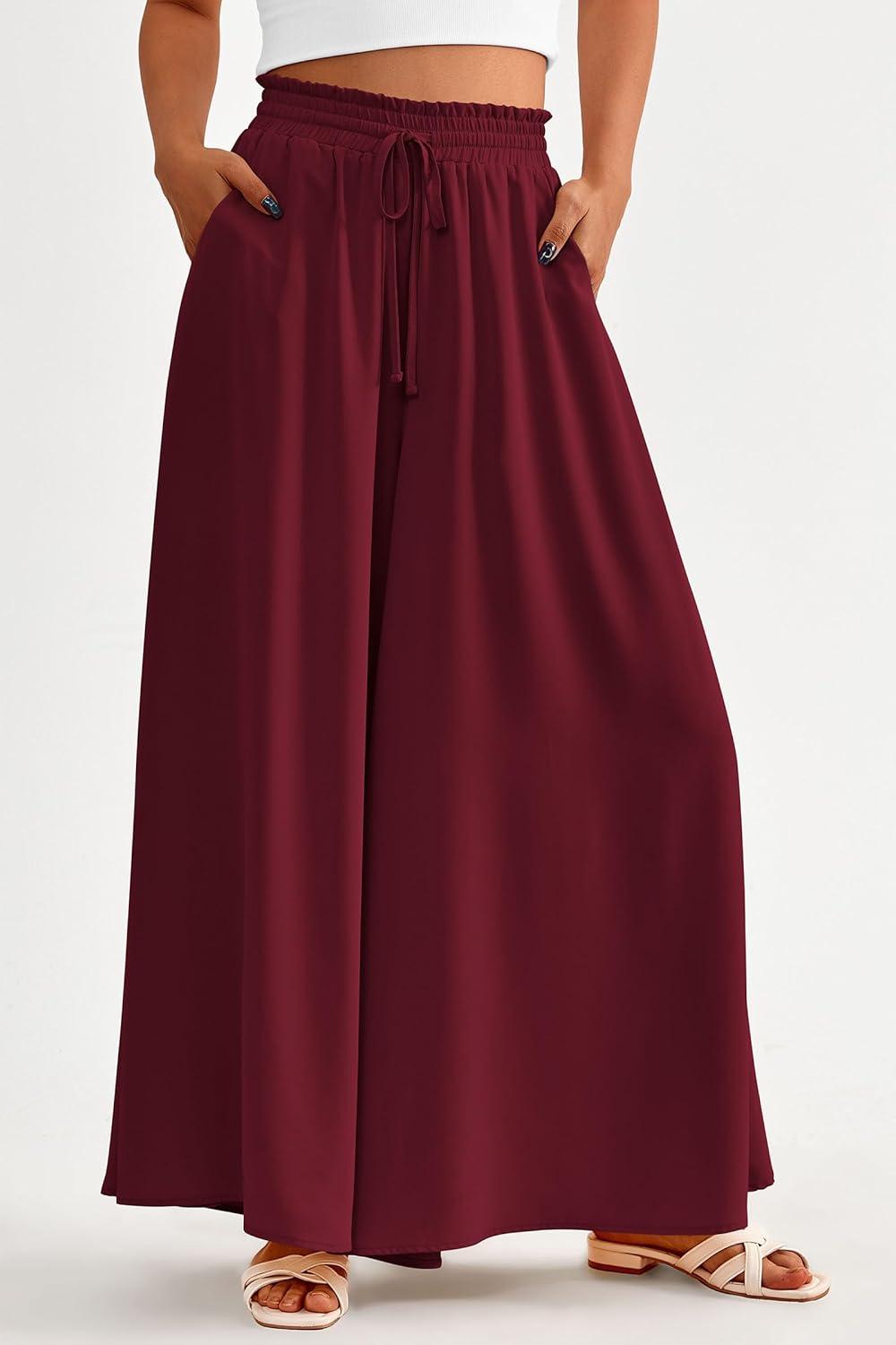 imagePRETTYGARDEN Womens 2026 Summer Wide Leg Palazzo Pants High Waisted Flowy Pockets Trendy Casual Lounge Boho Beach TrousersWine Red
