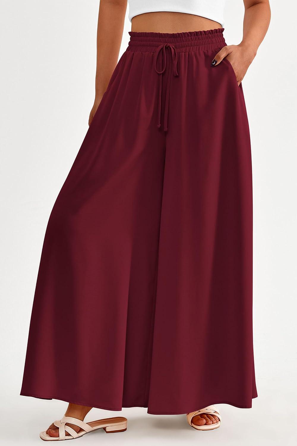 imagePRETTYGARDEN Womens 2026 Summer Wide Leg Palazzo Pants High Waisted Flowy Pockets Trendy Casual Lounge Boho Beach TrousersWine Red
