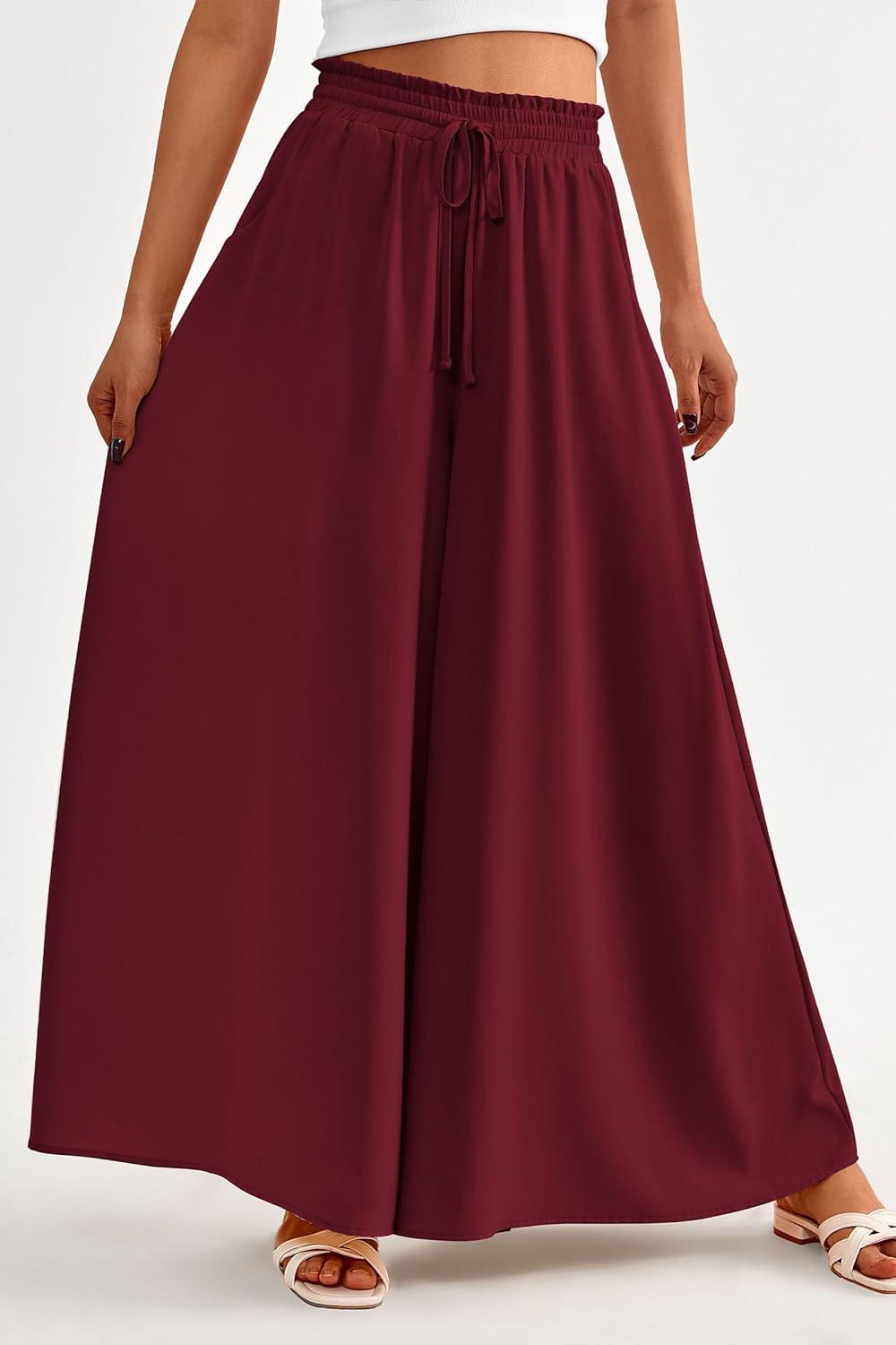 imagePRETTYGARDEN Womens 2026 Summer Wide Leg Palazzo Pants High Waisted Flowy Pockets Trendy Casual Lounge Boho Beach TrousersWine Red