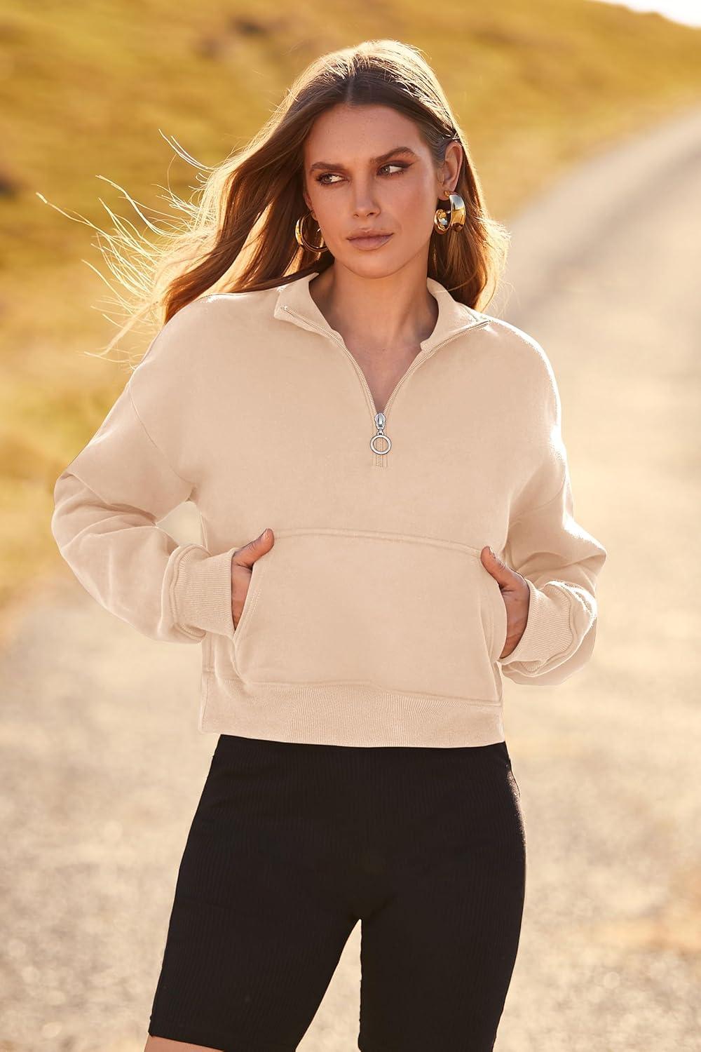 imagePRETTYGARDEN Womens Fashion Zip Up Sweatshirt Casual Long Sleeve Lapel Pullover Cropped Top Fall Clothes Beige