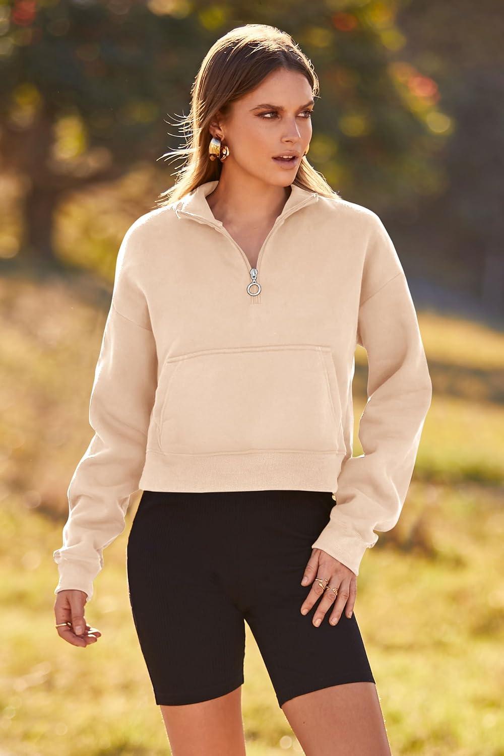 imagePRETTYGARDEN Womens Fashion Zip Up Sweatshirt Casual Long Sleeve Lapel Pullover Cropped Top Fall Clothes Beige