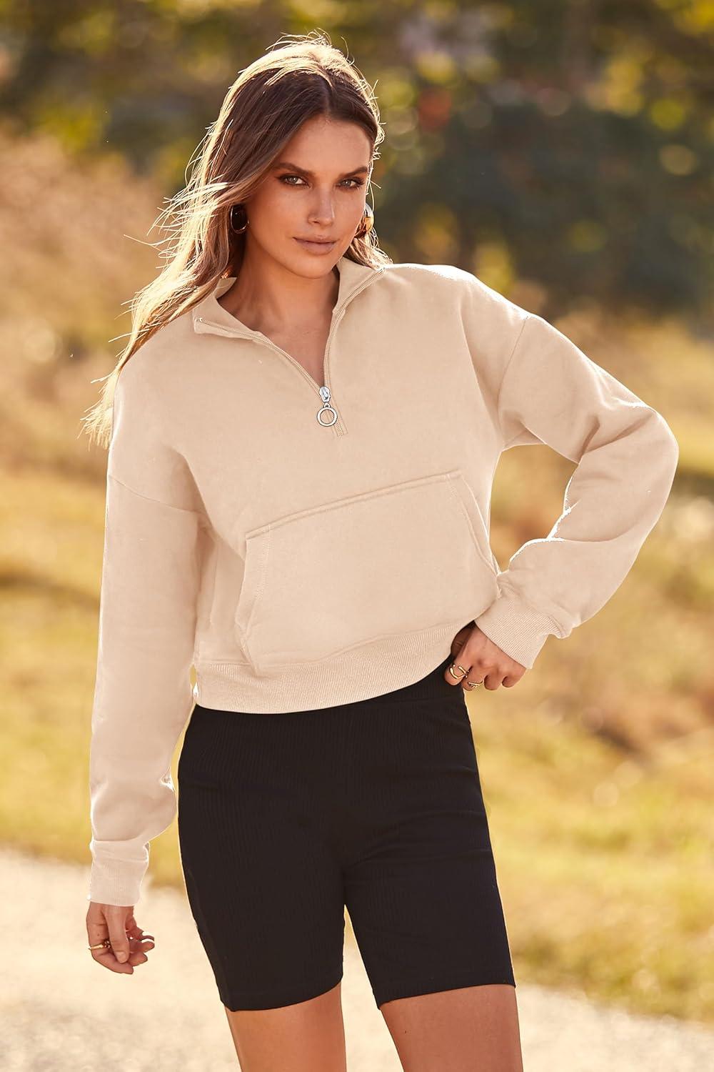 imagePRETTYGARDEN Womens Fashion Zip Up Sweatshirt Casual Long Sleeve Lapel Pullover Cropped Top Fall Clothes Beige