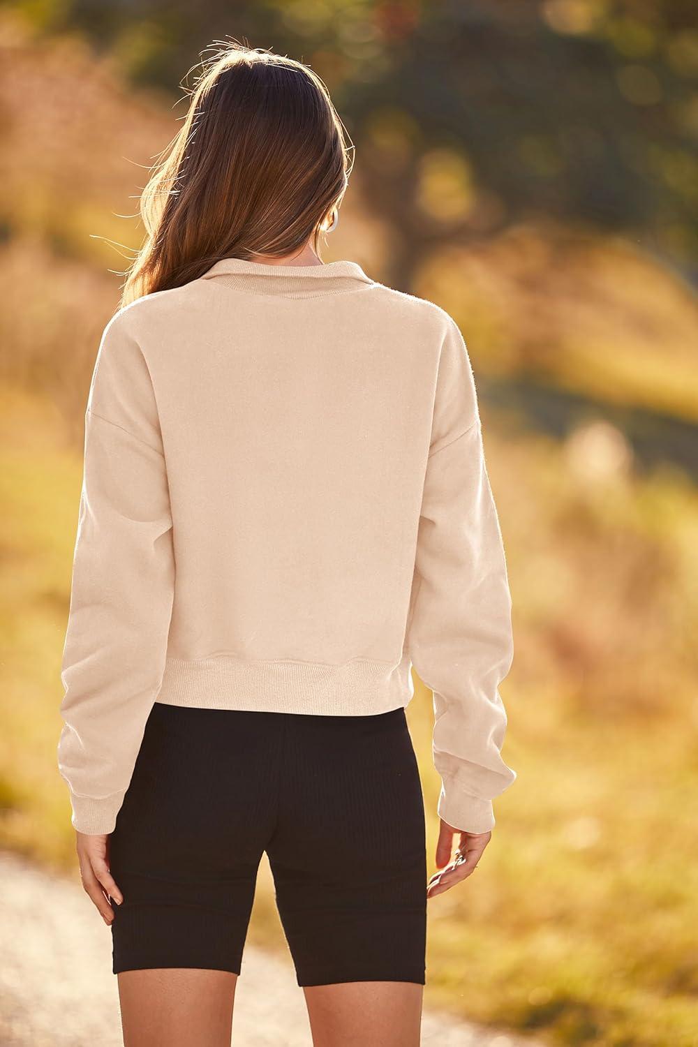 imagePRETTYGARDEN Womens Fashion Zip Up Sweatshirt Casual Long Sleeve Lapel Pullover Cropped Top Fall Clothes Beige