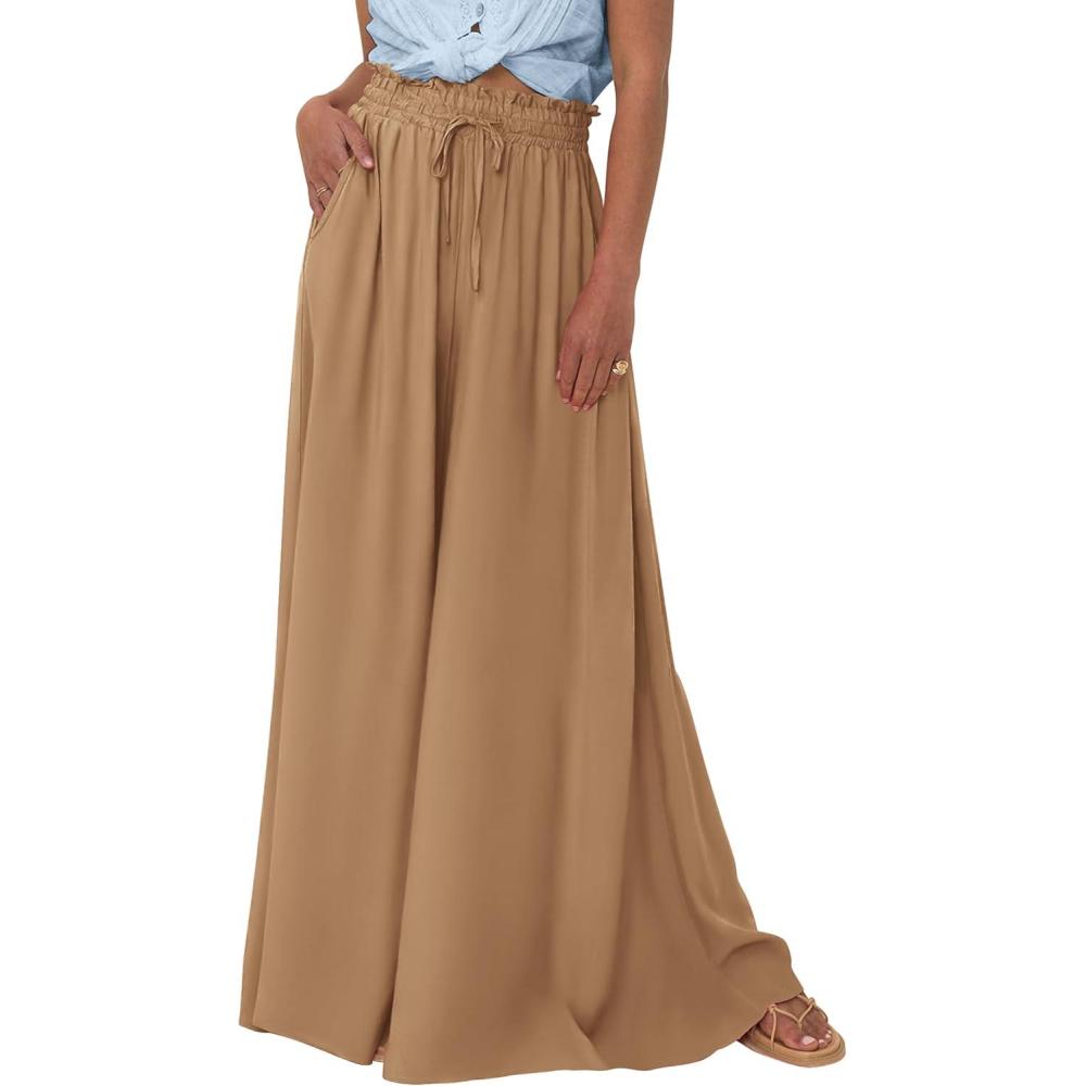 imagePRETTYGARDEN Womens 2026 Summer Wide Leg Palazzo Pants High Waisted Flowy Pockets Trendy Casual Lounge Boho Beach TrousersKhaki