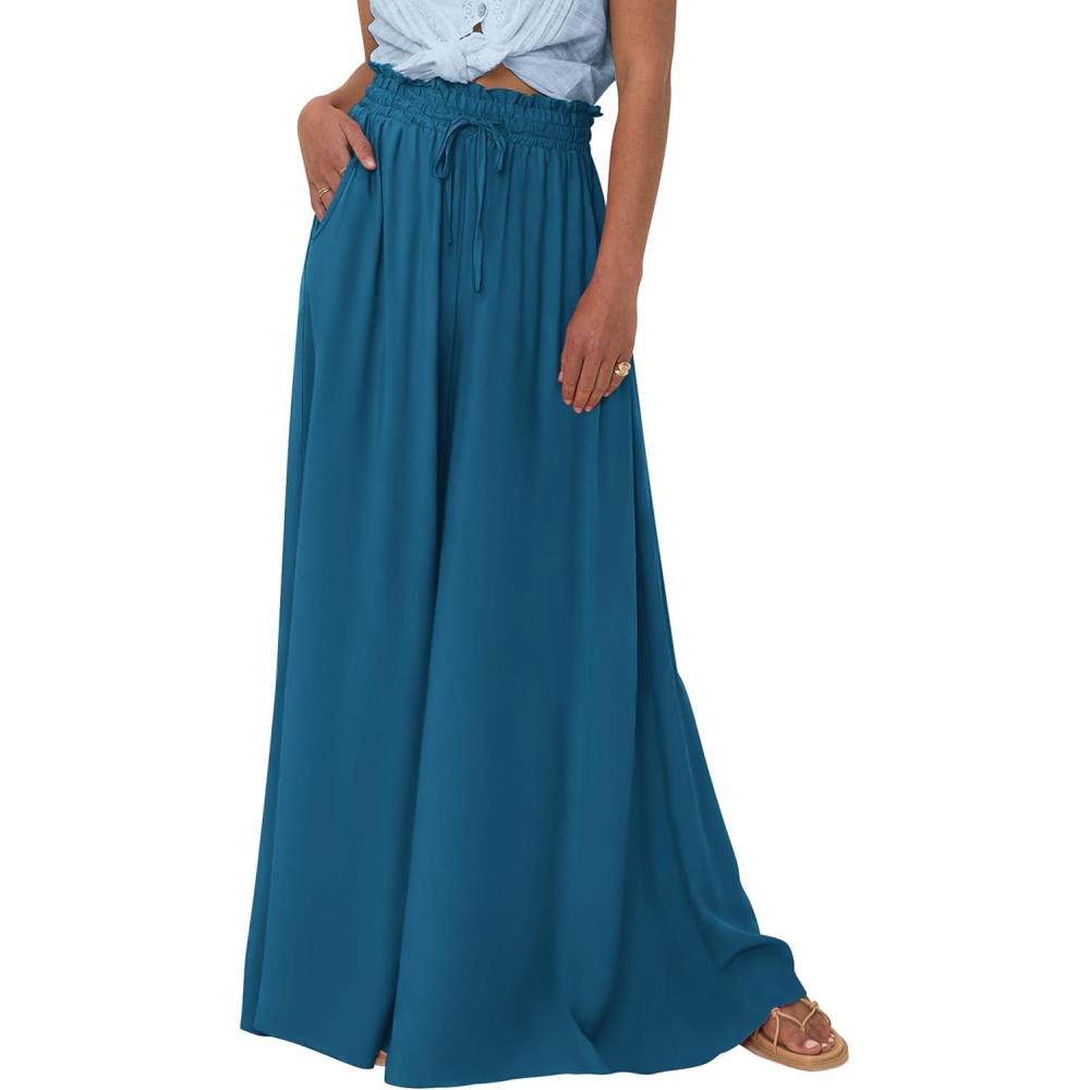imagePRETTYGARDEN Womens 2026 Summer Wide Leg Palazzo Pants High Waisted Flowy Pockets Trendy Casual Lounge Boho Beach TrousersLake Blue