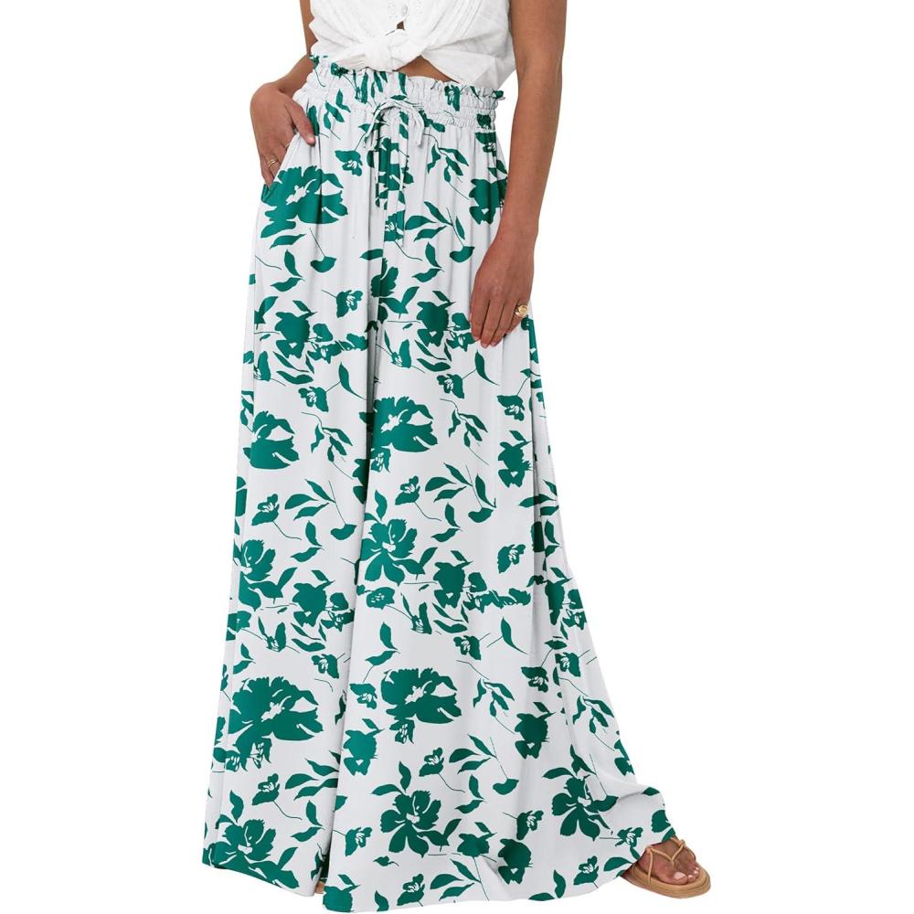 imagePRETTYGARDEN Womens 2026 Summer Wide Leg Palazzo Pants High Waisted Flowy Pockets Trendy Casual Lounge Boho Beach TrousersPrint Green