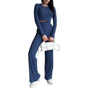 PRETTYGARDEN Women’s 2024 Fall Casual 2 Piece Outfits Rib Knit Crop Tops And Long Pants Lounge Sets Tracksuits (Navy,Medium)