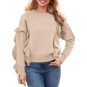 PRETTYGARDEN Women’s 2024 Knit Pullover Sweaters Long Sleeve Crewneck Ruffle Loose Jumper Tops Blouses